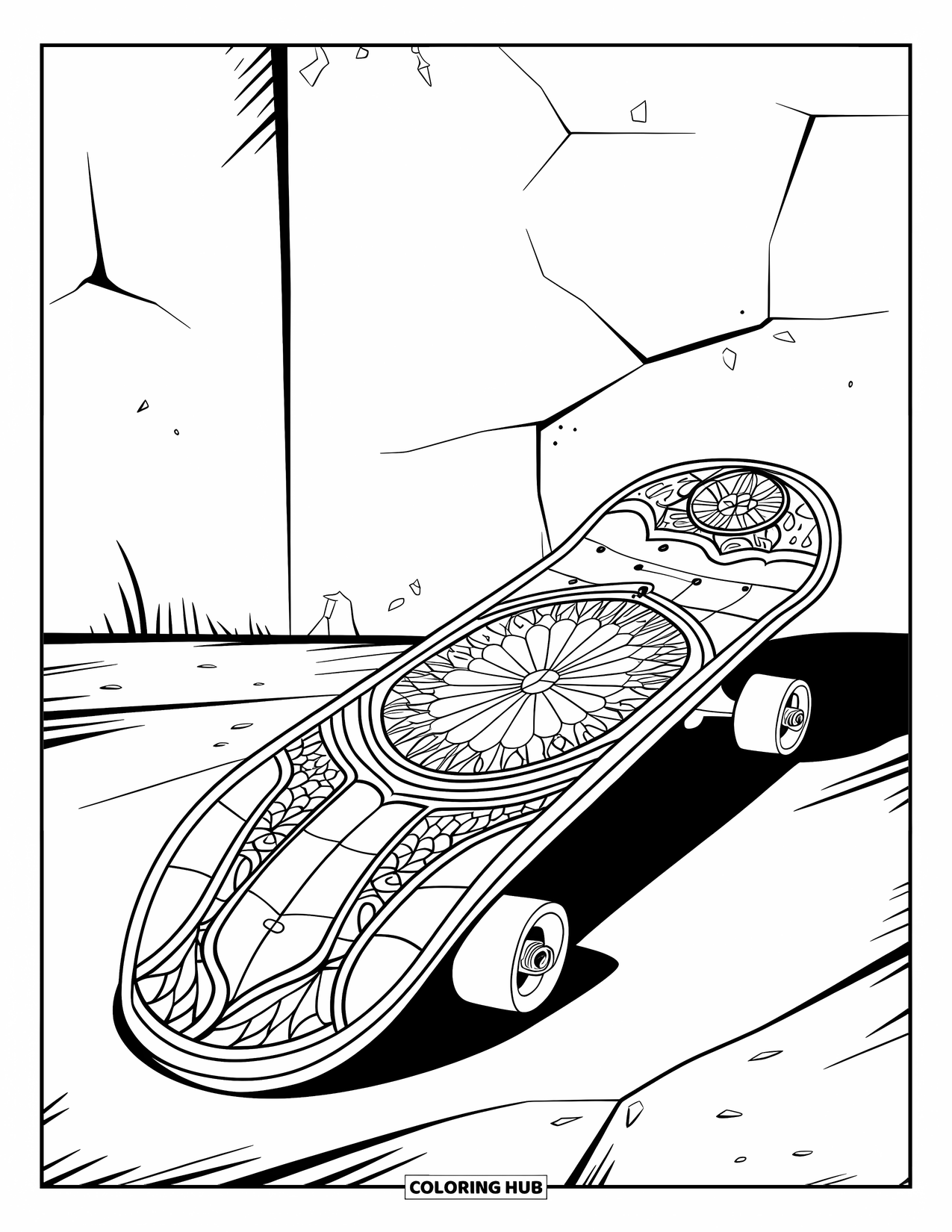 Skateboard Coloring Page for Adults: A skateboard with a stained glass-style pattern against a cracked wall