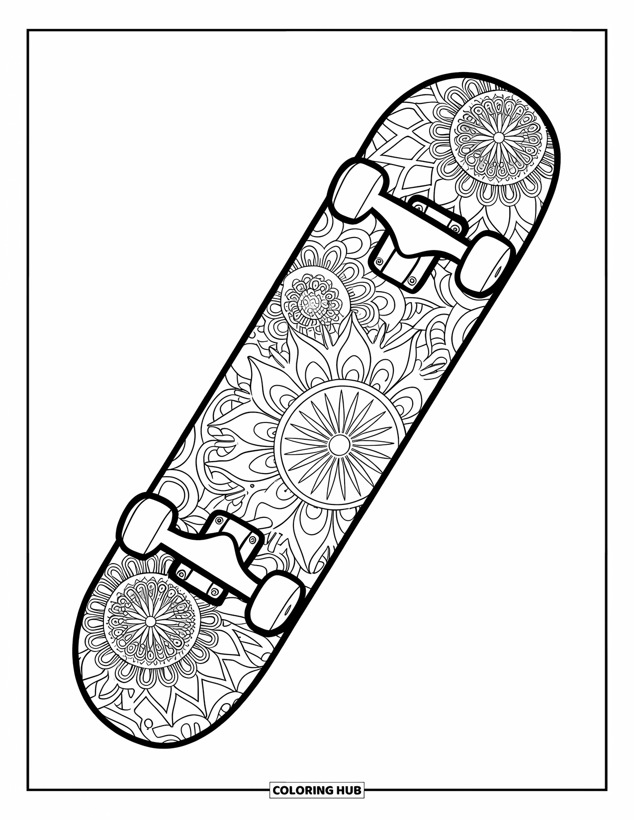 Skateboard Coloring Page for Adults: A skateboard with detailed floral mandala artwork across the deck