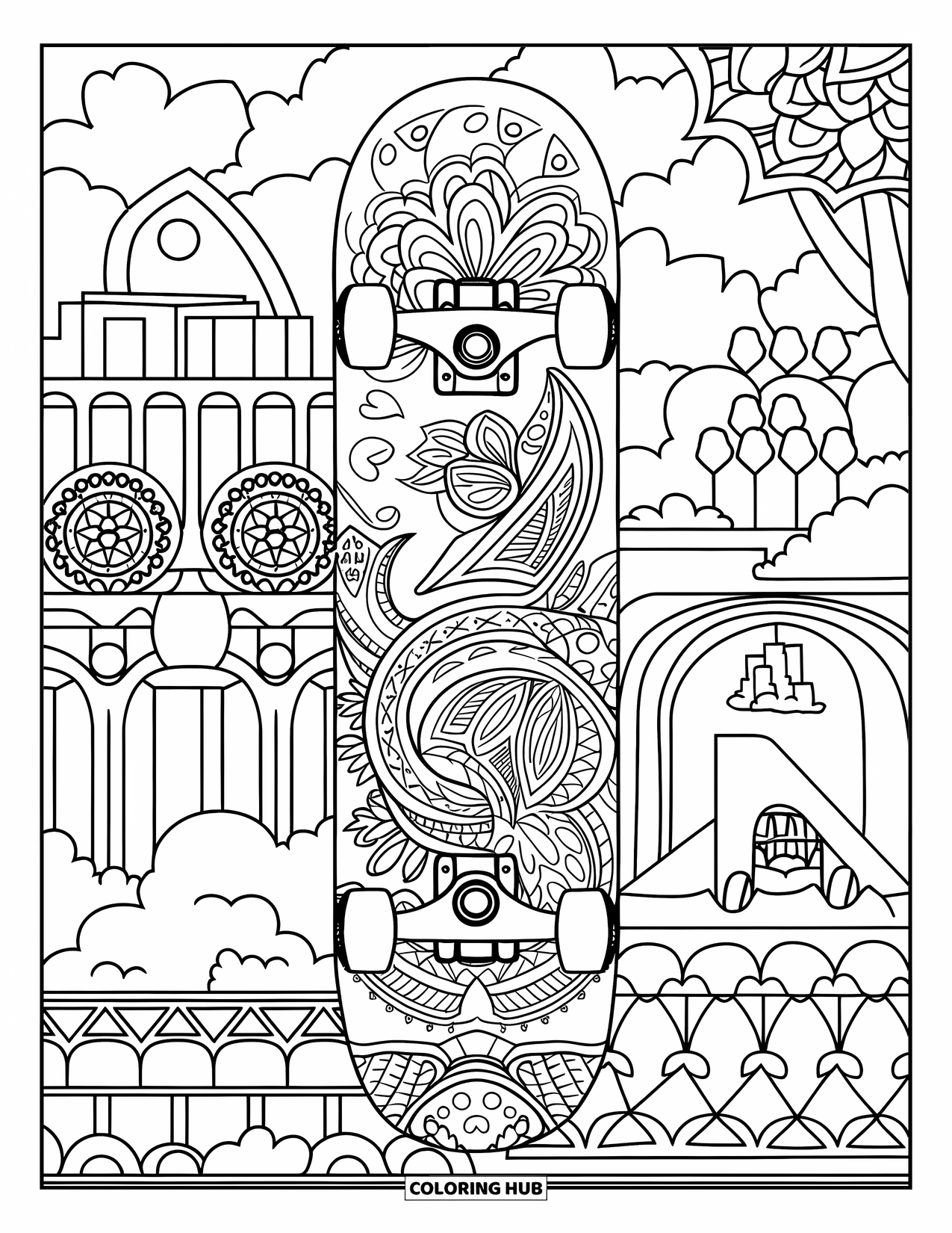 Skateboard Coloring Page for Adults: A skateboard with paisley and leaf designs against a cityscape