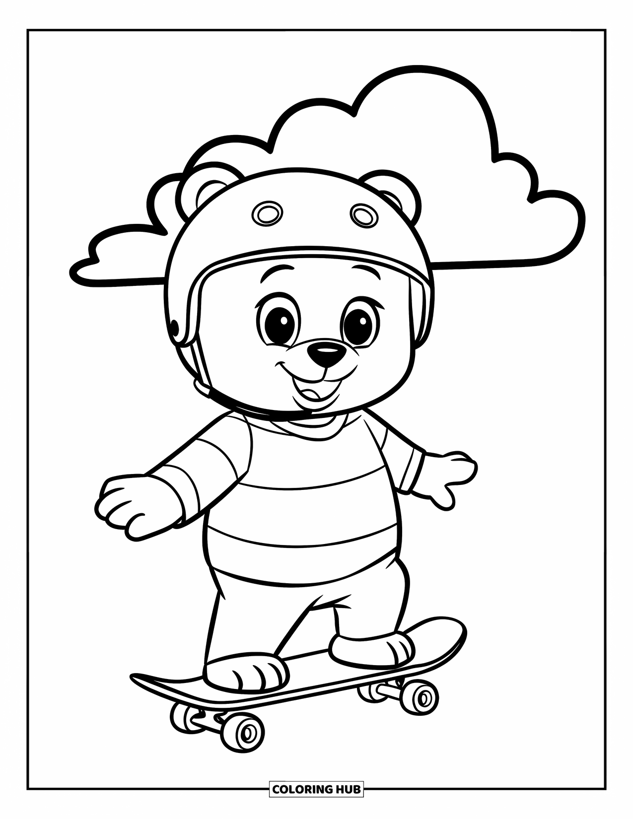 Skateboard Coloring Page for Kids: A bear in a helmet stands on a skateboard with a smile