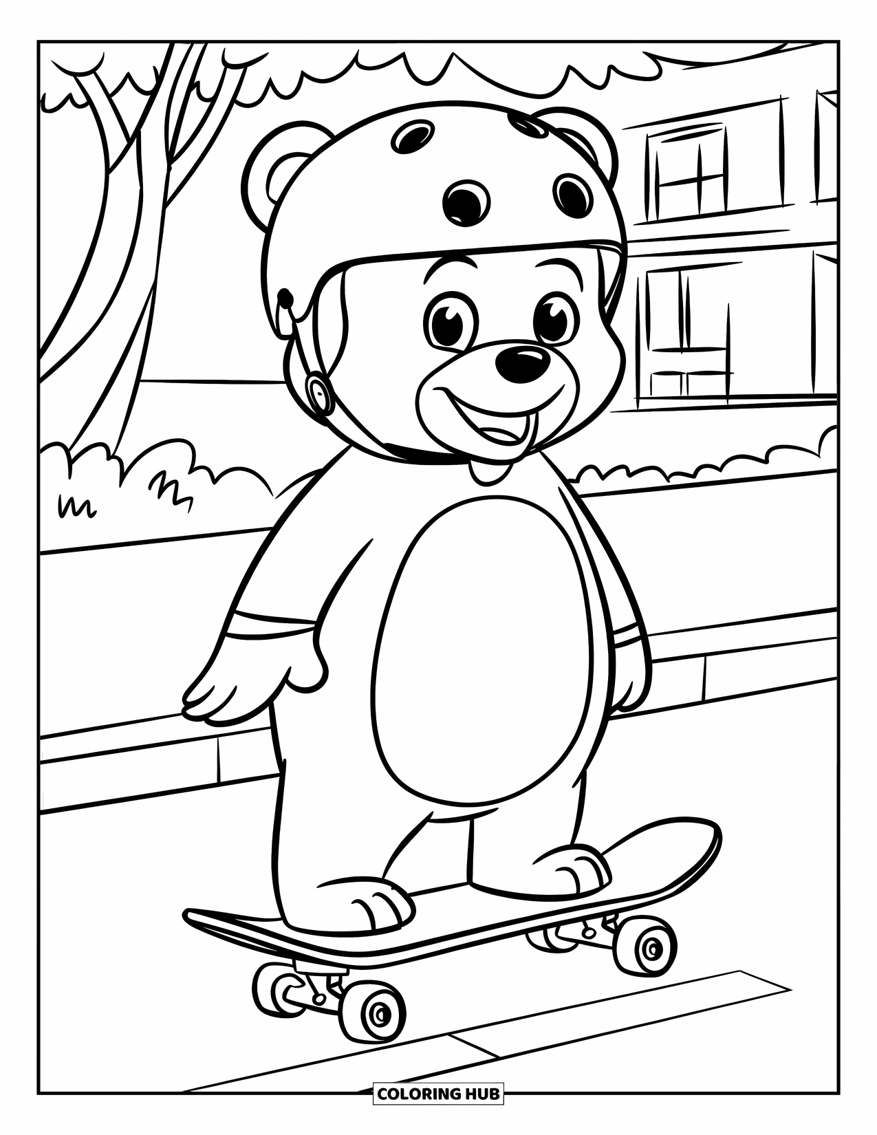 Skateboard Coloring Page for Kids: A bear wearing a helmet stands on a skateboard near a tree and building