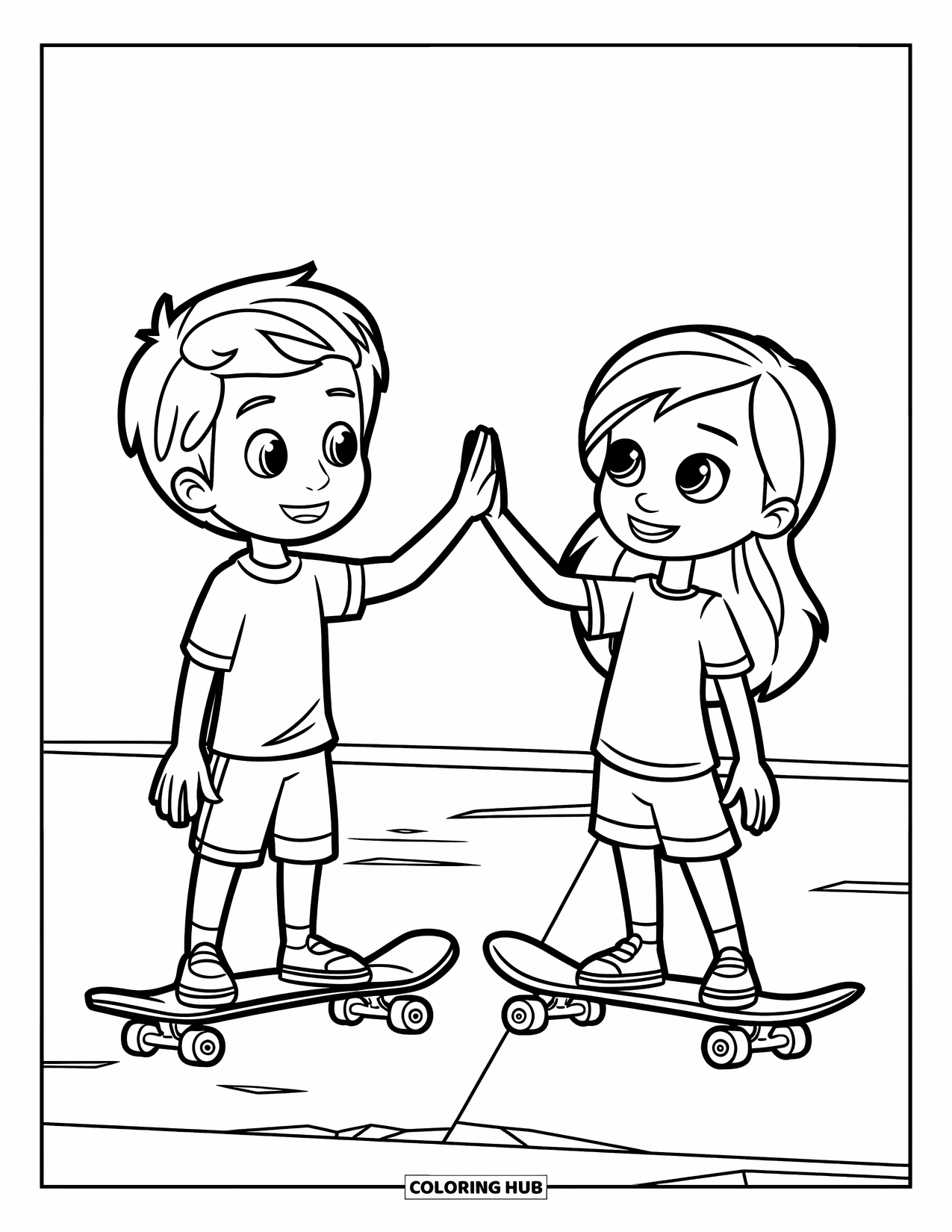 Skateboard Coloring Page for Kids: A boy and girl high-five on skateboards standing on concrete ground