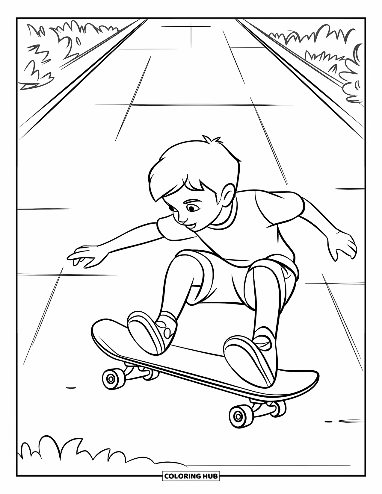 Skateboard Coloring Page for Kids: A boy jumps with a skateboard on a paved path