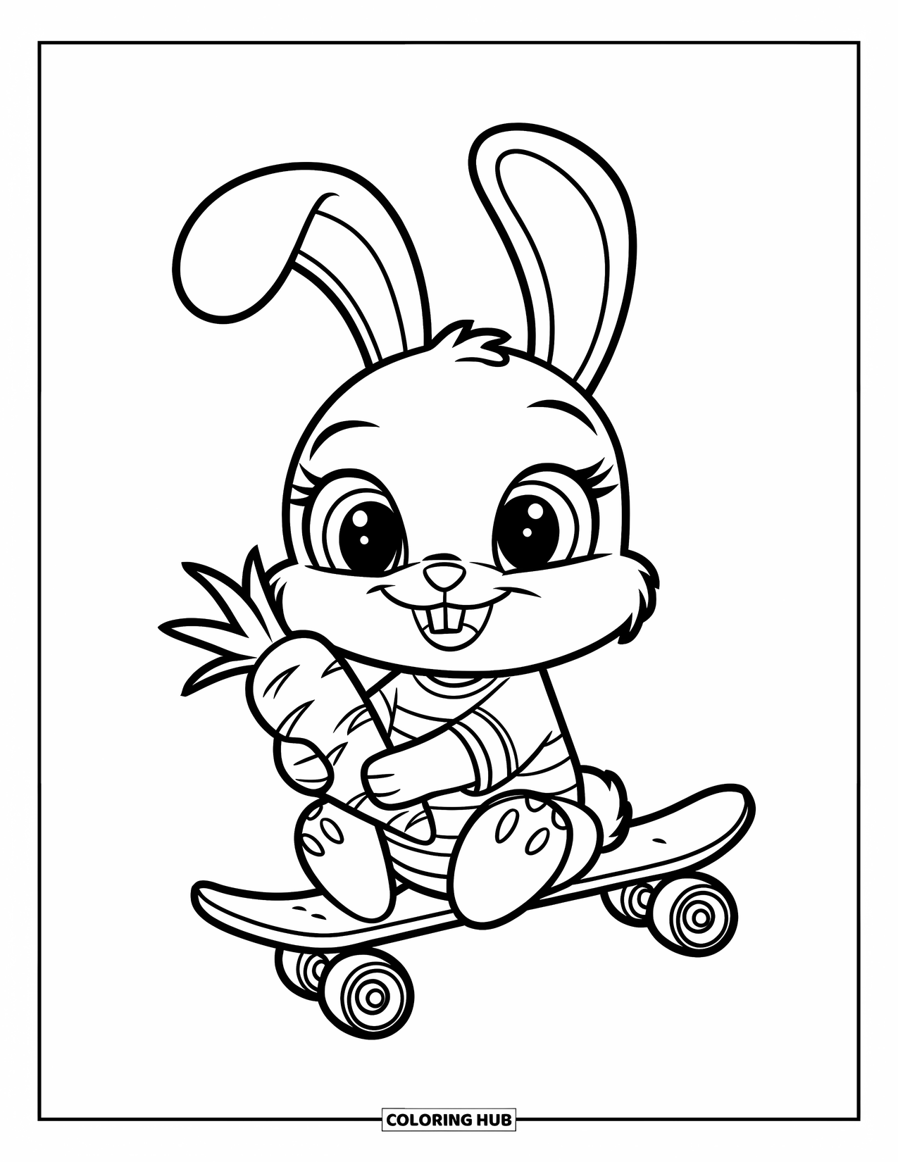 Skateboard Coloring Page for Kids: A bunny sits on a skateboard wearing stripes and holding a carrot