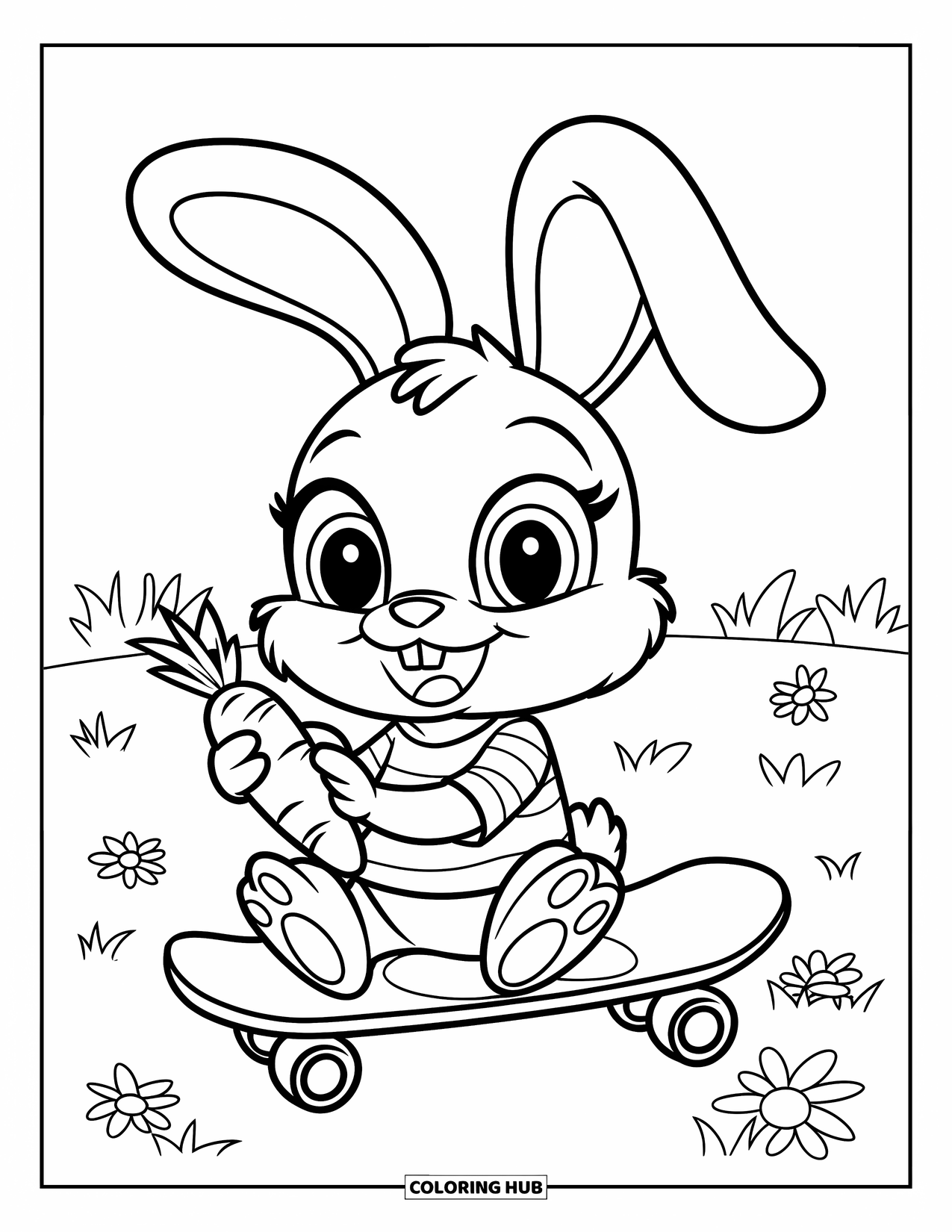 Skateboard Coloring Page for Kids: A bunny with big eyes sits on a skateboard holding a carrot