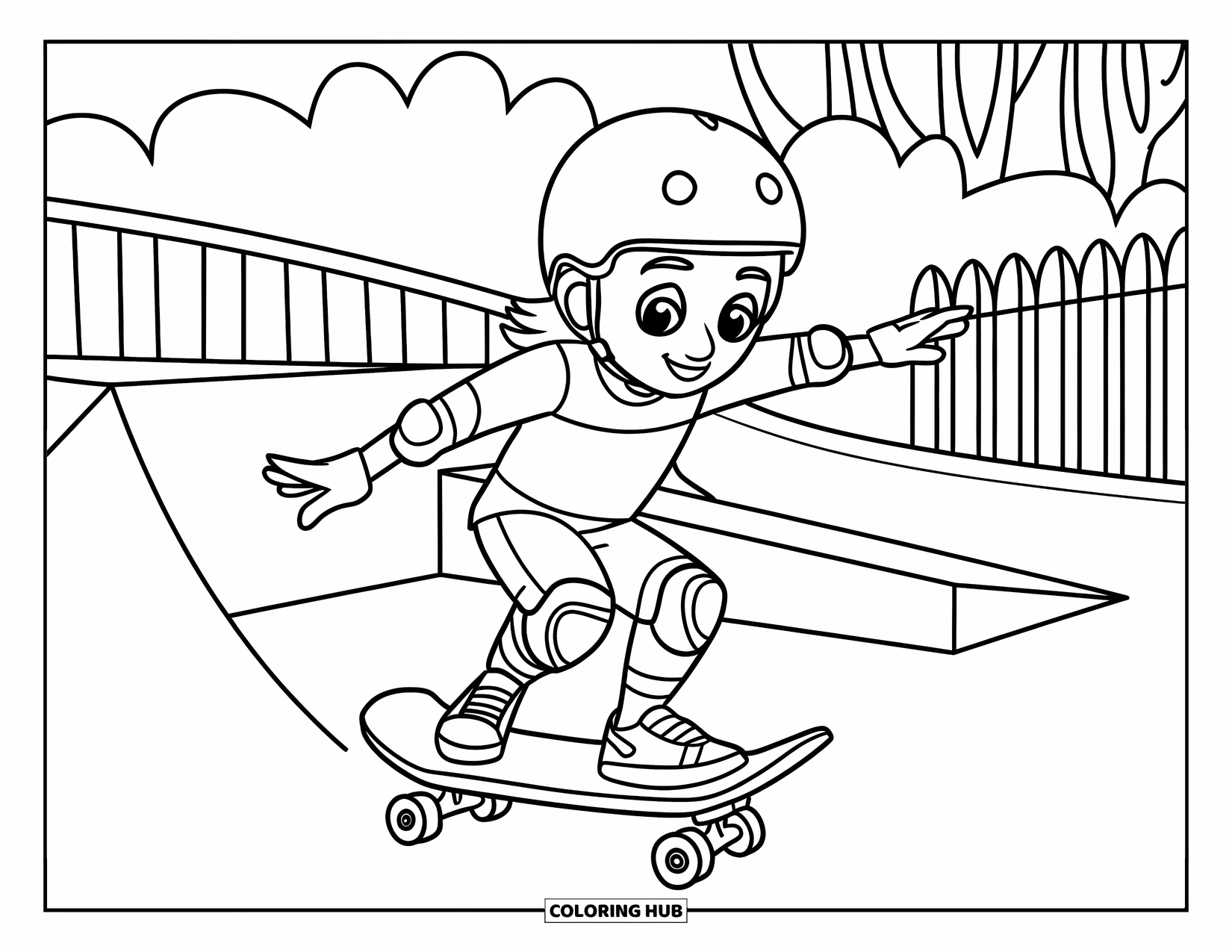 Skateboard Coloring Page for Kids: A child skates near a small ramp with trees and a fence