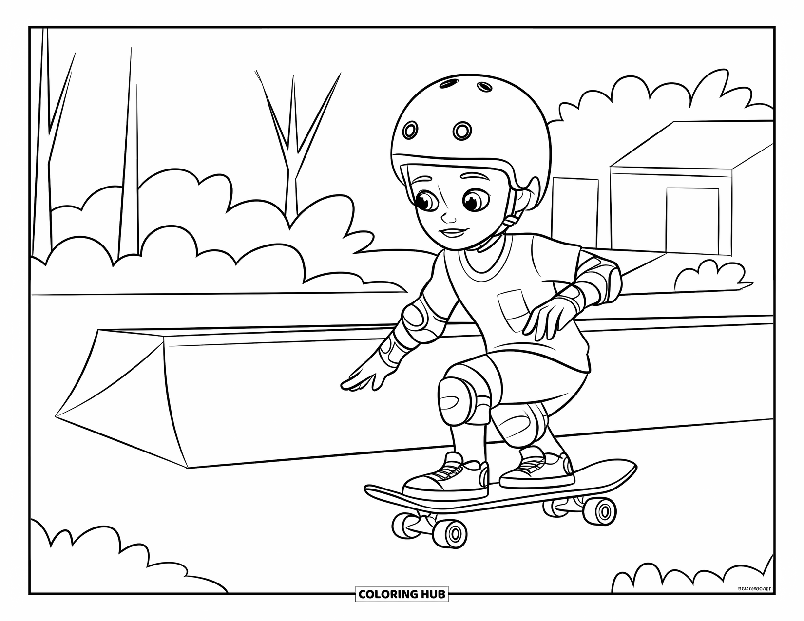 Skateboard Coloring Page for Kids: A child with a helmet skates near a ramp and trees