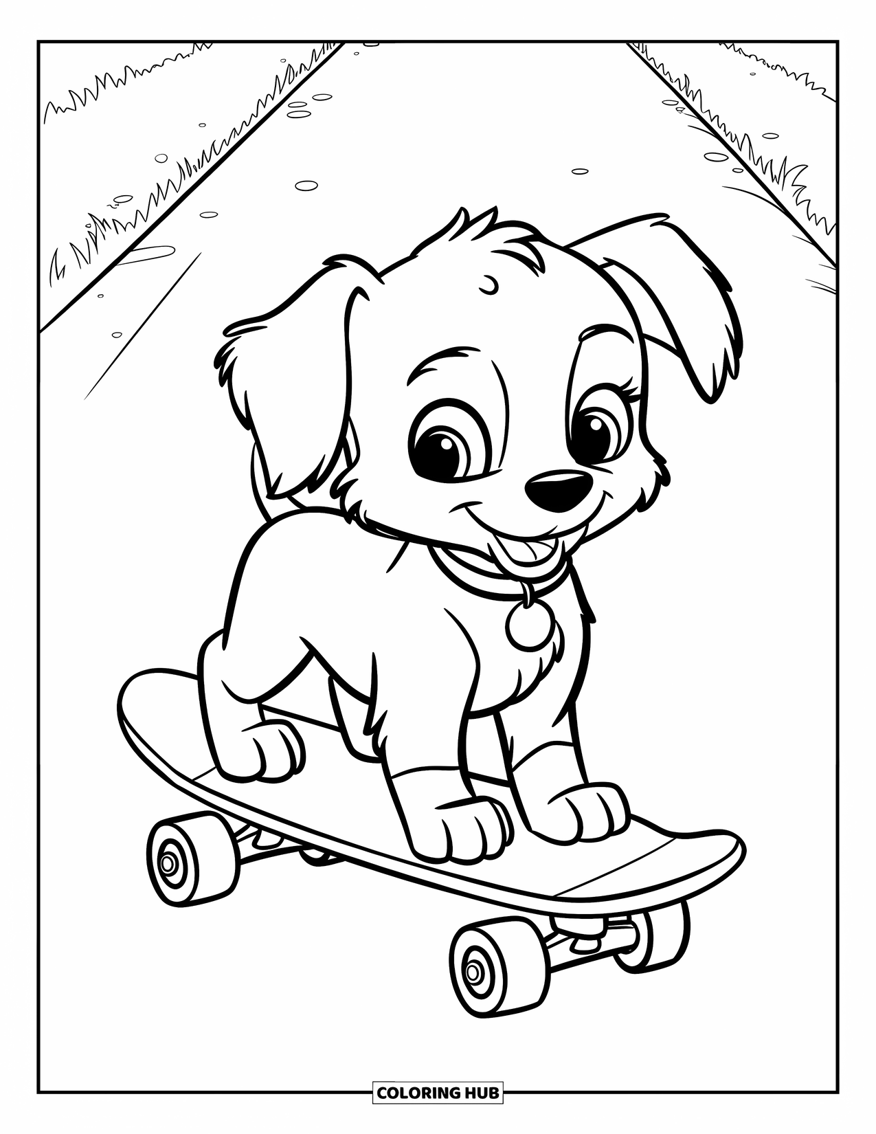 Skateboard Coloring Page for Kids: A floppy-eared puppy with a collar rides a skateboard on a path
