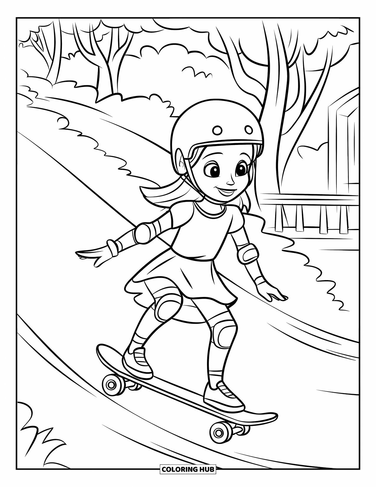 Skateboard Coloring Page for Kids: A girl in a dress skates down a slope with trees and a building
