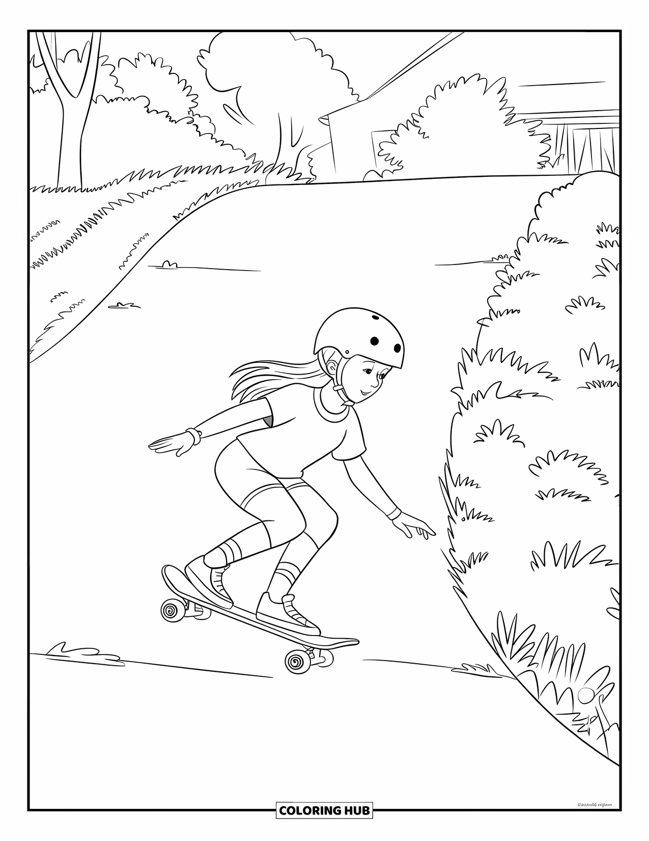 Skateboard Coloring Page for Kids: A girl in a helmet skates down a grassy slope near trees