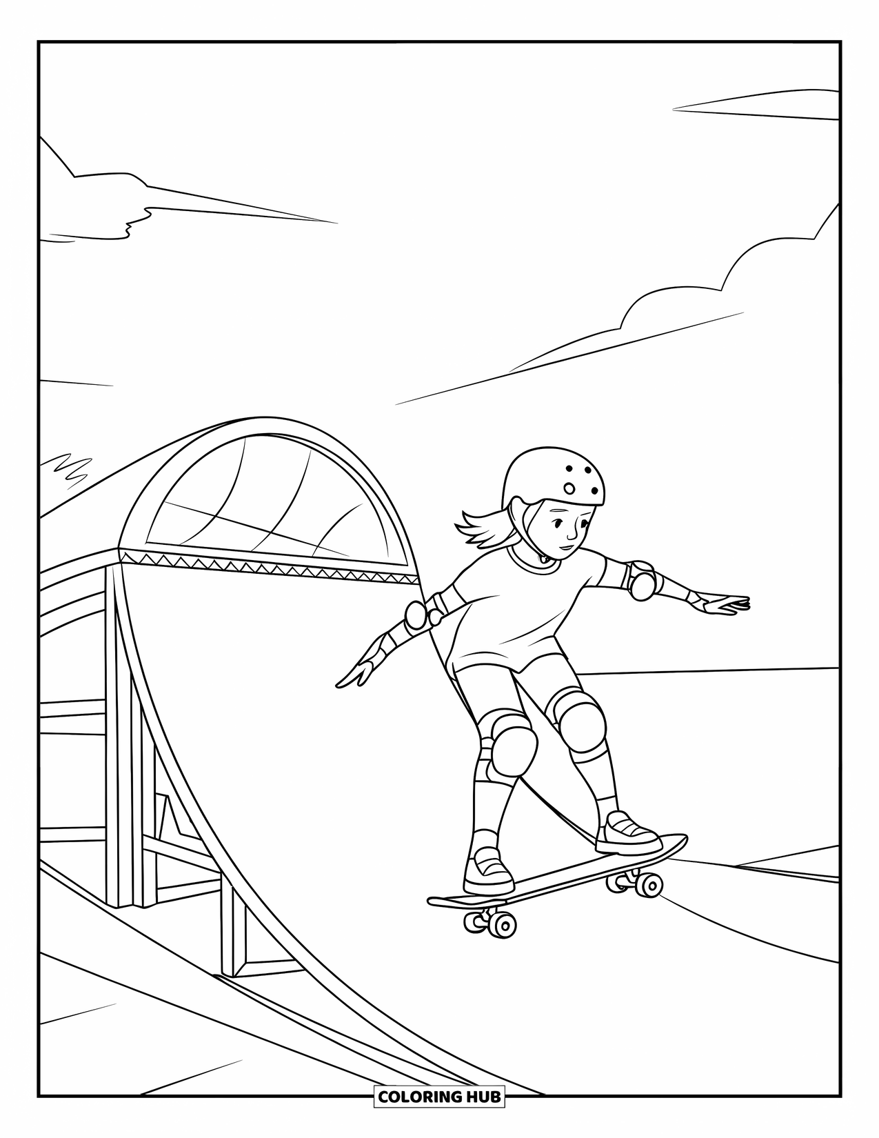Skateboard Coloring Page for Kids: A girl rides a skateboard down a half-pipe with a horn-shaped top