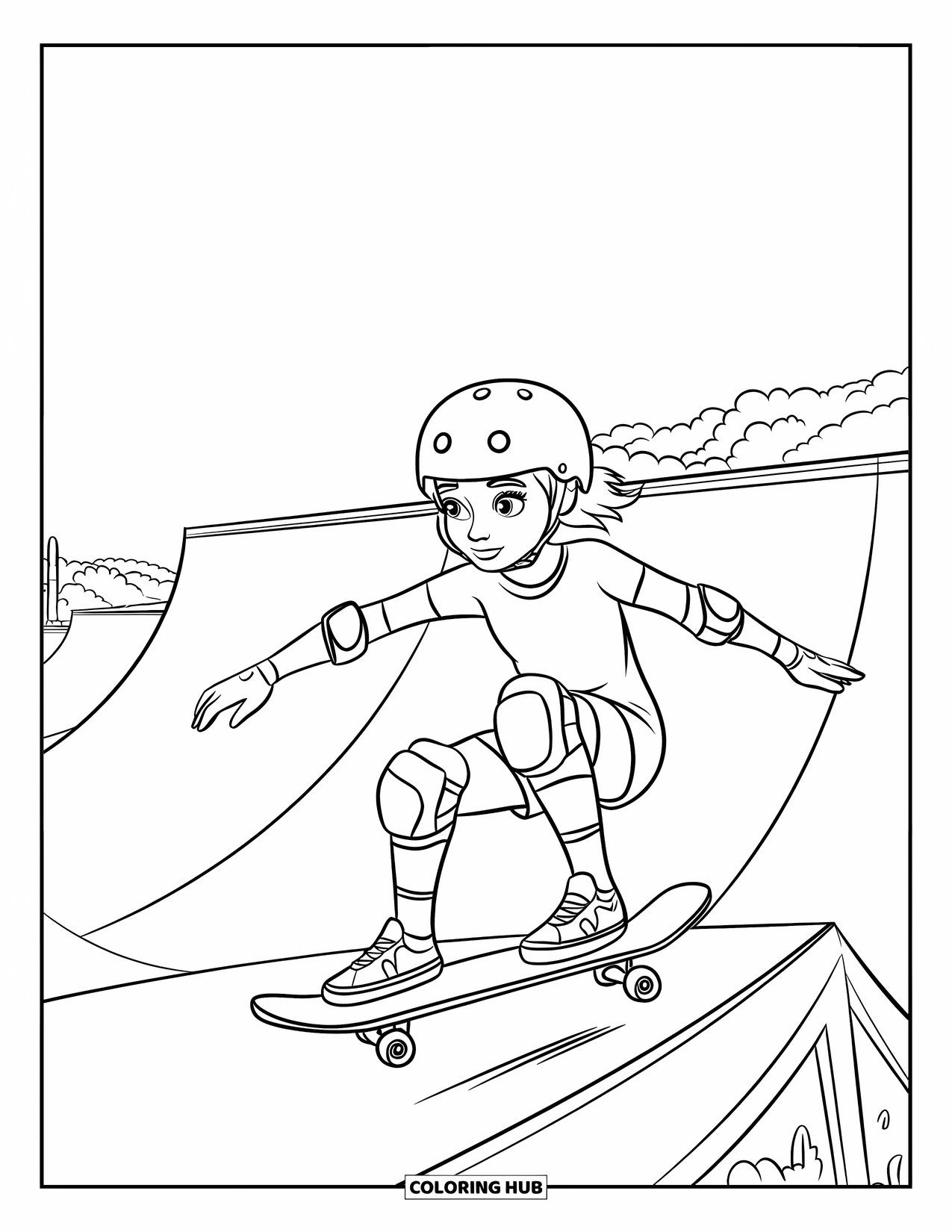 Skateboard Coloring Page for Kids: A girl rides her skateboard down a half-pipe with ramps nearby