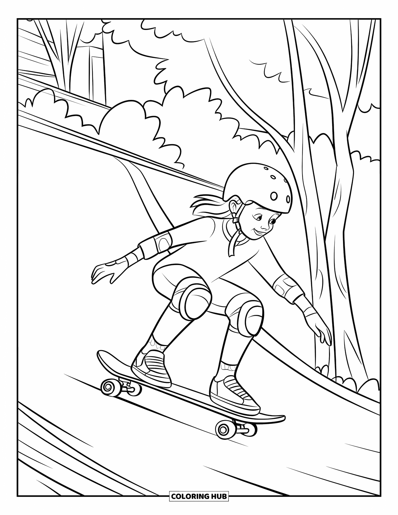 Skateboard Coloring Page for Kids: A girl wearing a helmet rides a skateboard down a gentle slope