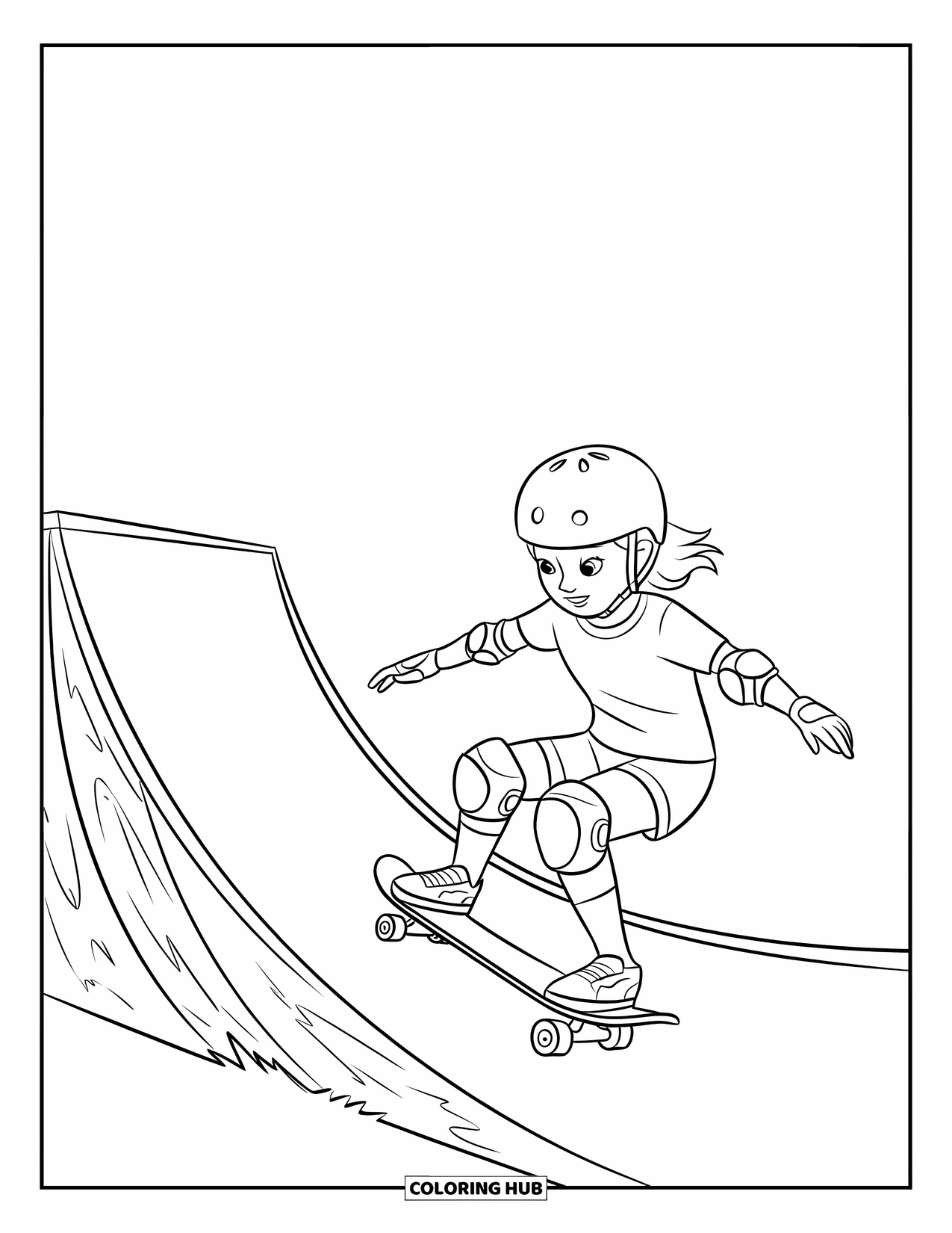 Skateboard Coloring Page for Kids: A girl with a helmet skates down a half-pipe ramp