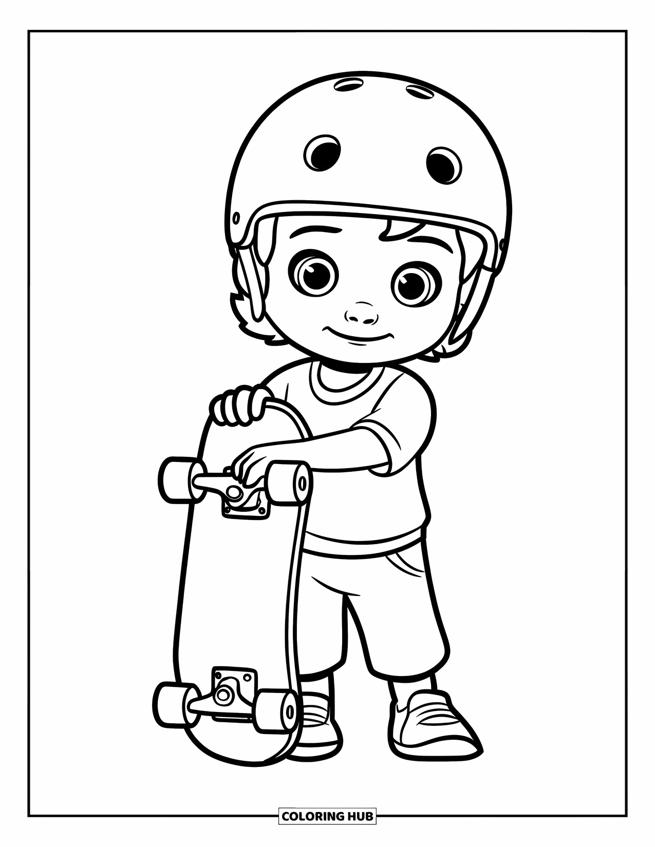 Skateboard Coloring Page for Kids: A helmeted child holds a skateboard beside them