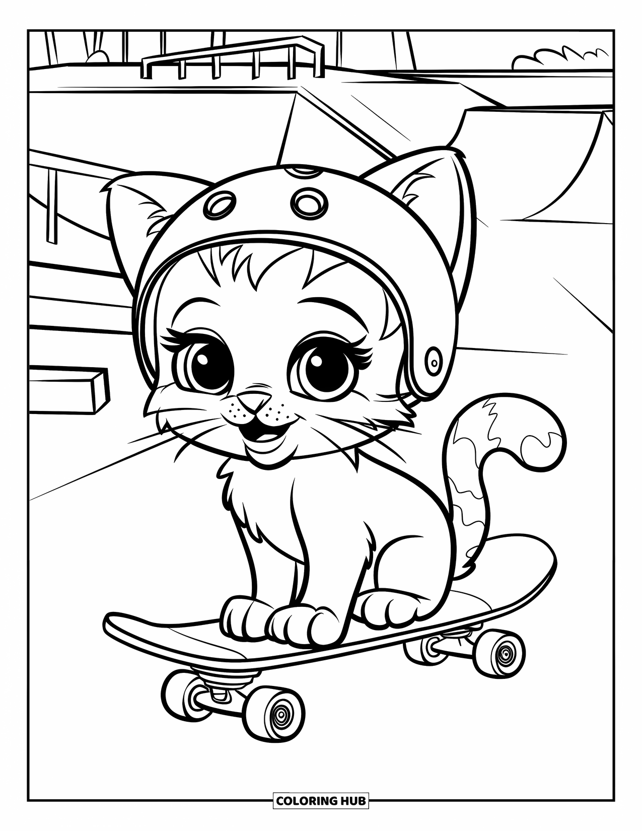 Skateboard Coloring Page for Kids: A kitten in a helmet sits on a skateboard at the skate park