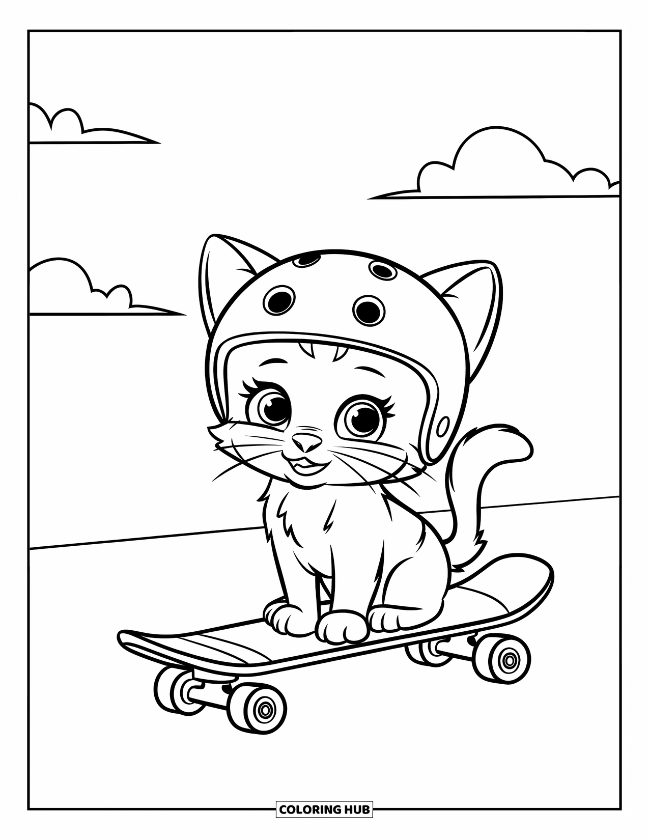 Skateboard Coloring Page for Kids: A kitten wearing a helmet sits on a skateboard under the sky