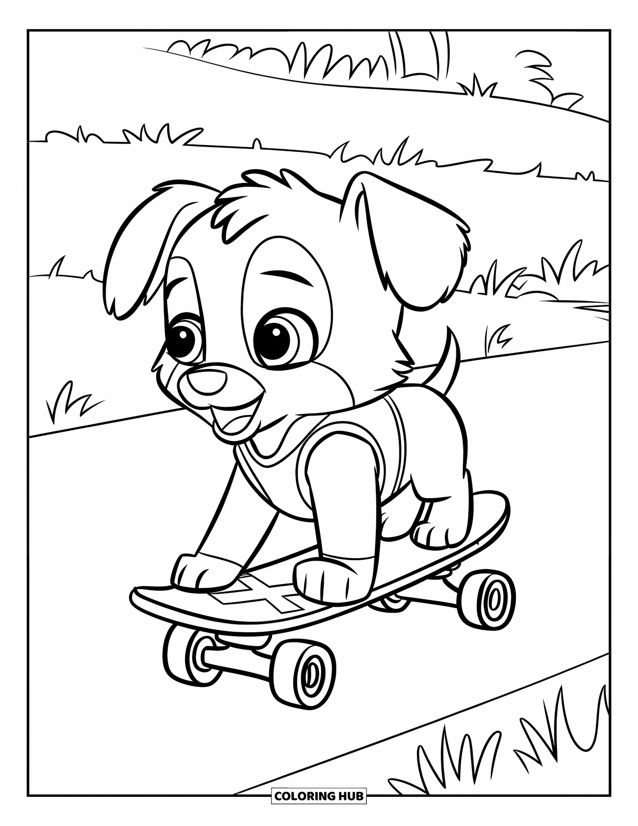 Skateboard Coloring Page for Kids: A puppy in a vest rides a skateboard along a grassy path