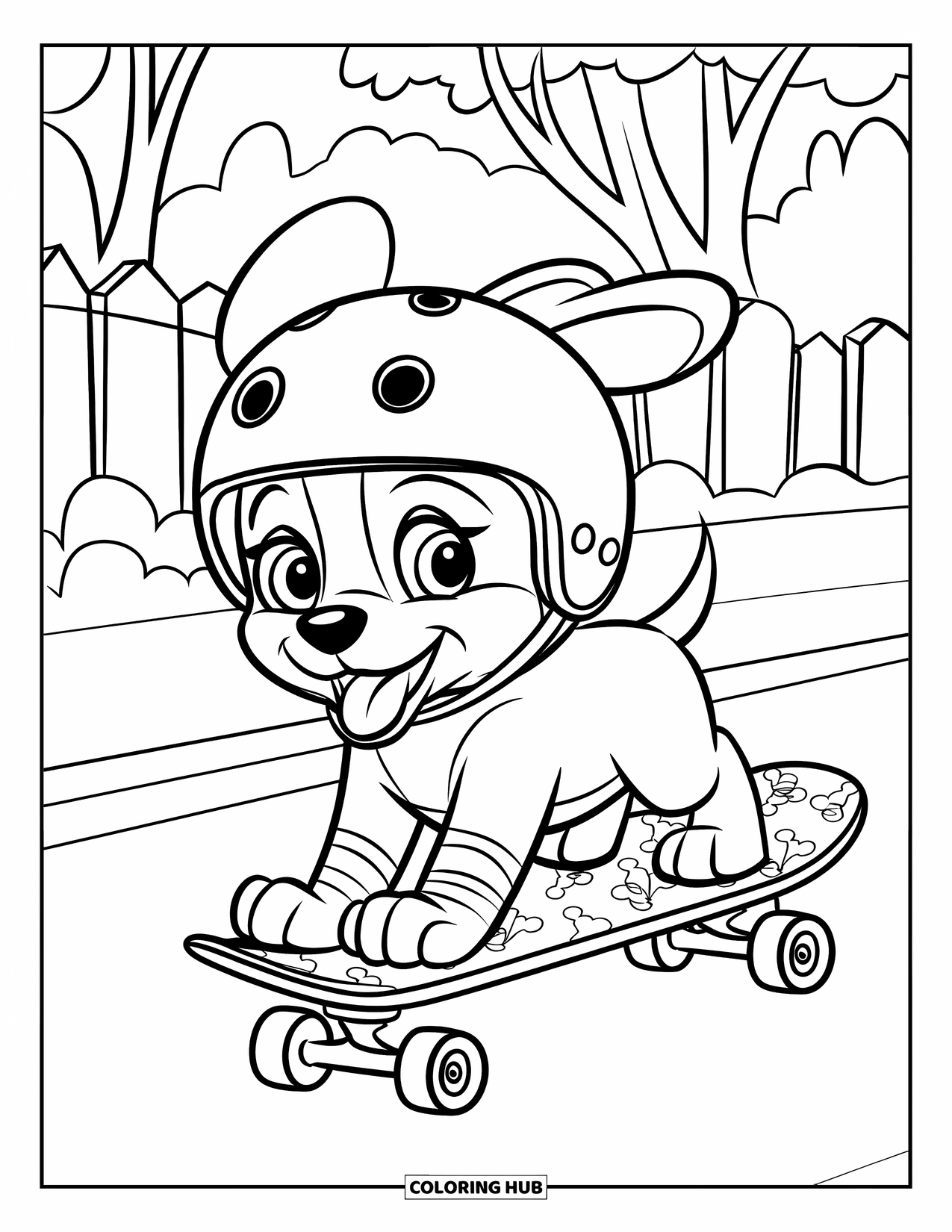 Skateboard Coloring Page for Kids: A puppy wearing a helmet rides a skateboard near trees and a fence