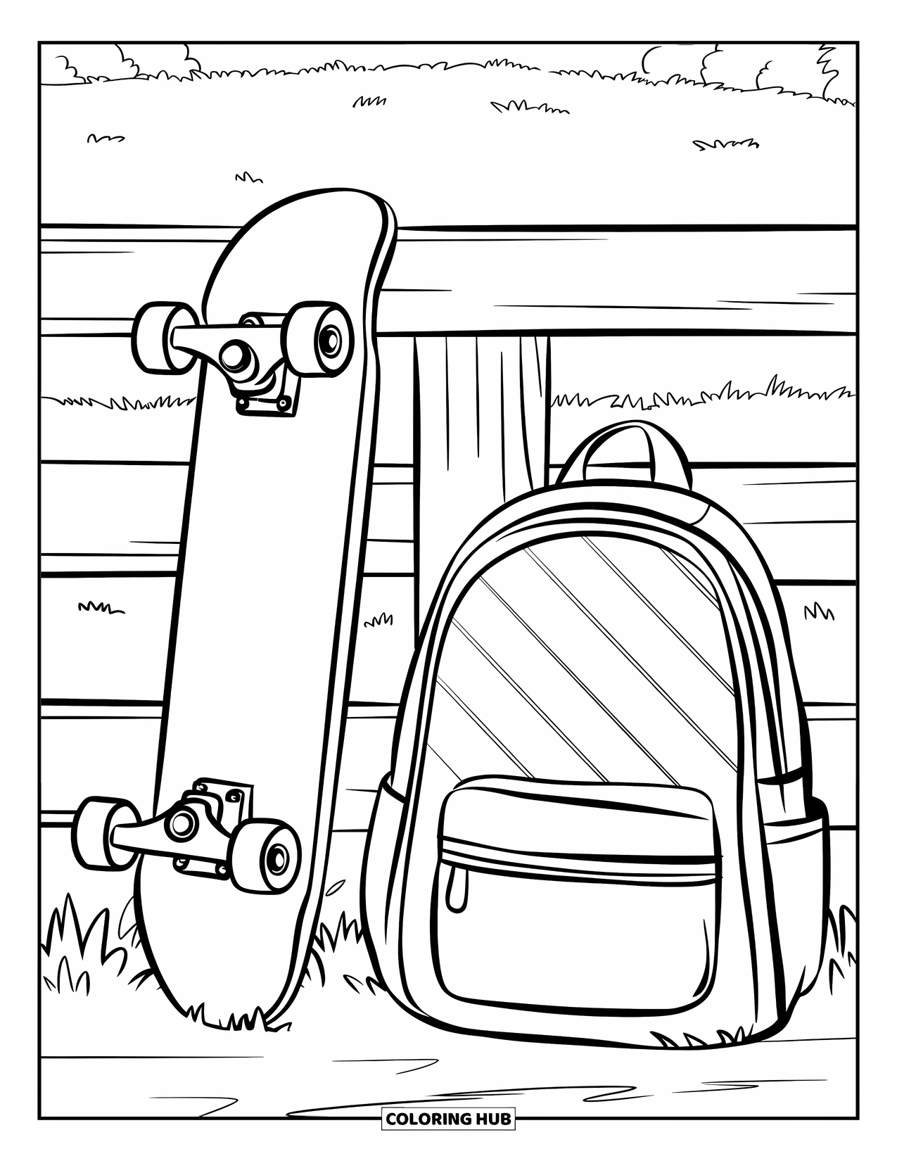 Skateboard Coloring Page for Kids: A skateboard and backpack lean on a fence near a green field