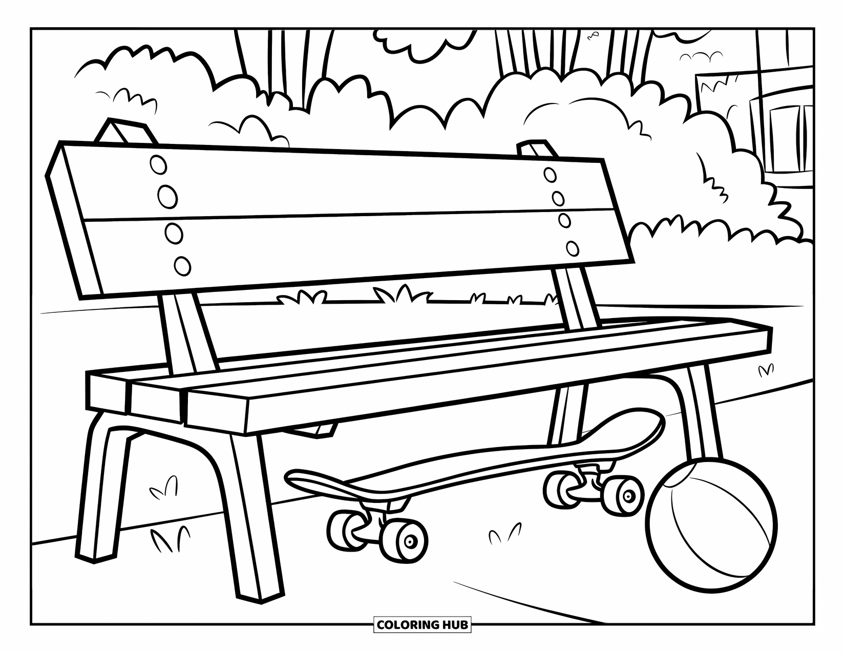 Skateboard Coloring Page for Kids: A skateboard rests under a park bench with a ball nearby