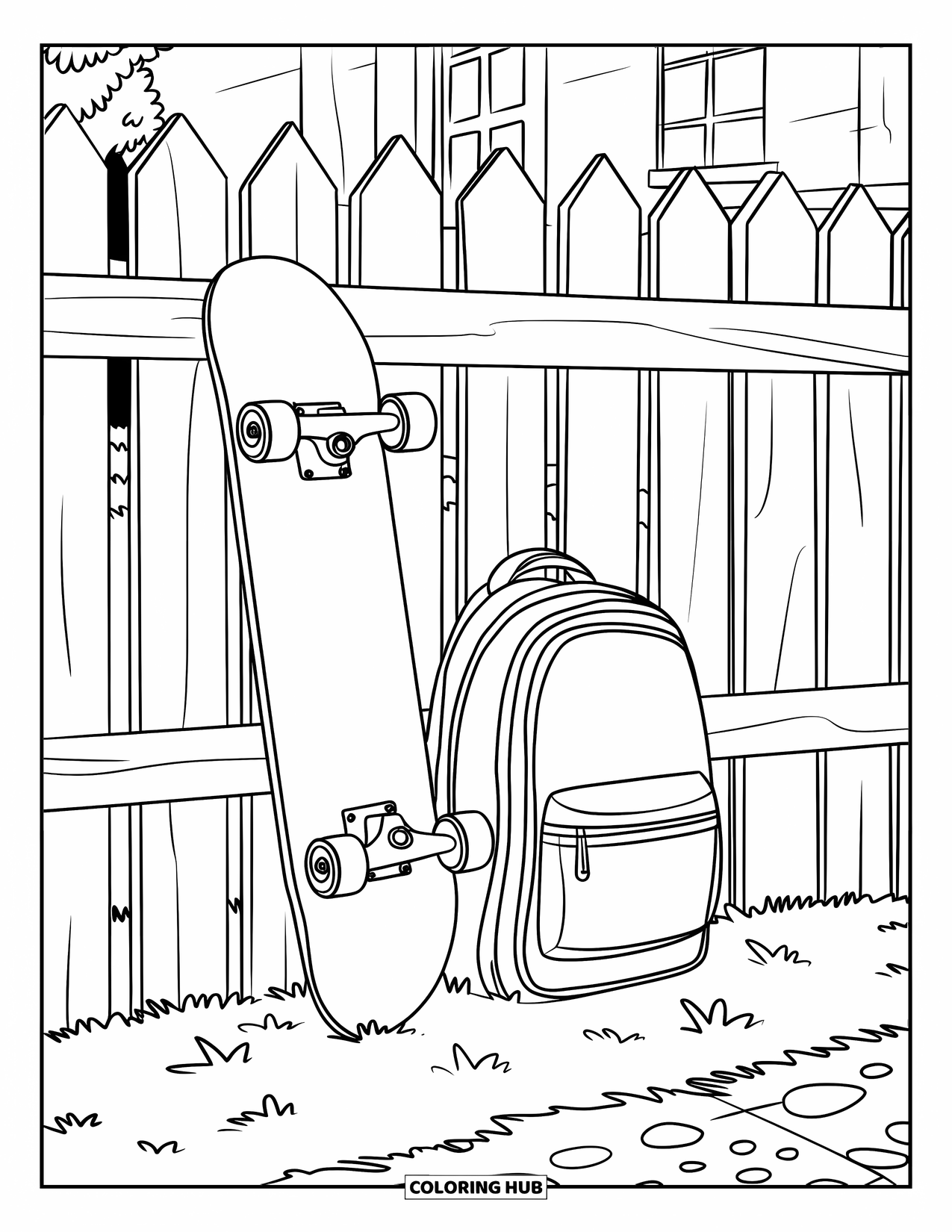 Skateboard Coloring Page for Kids: A skateboard with a backpack rests by a fence near a building