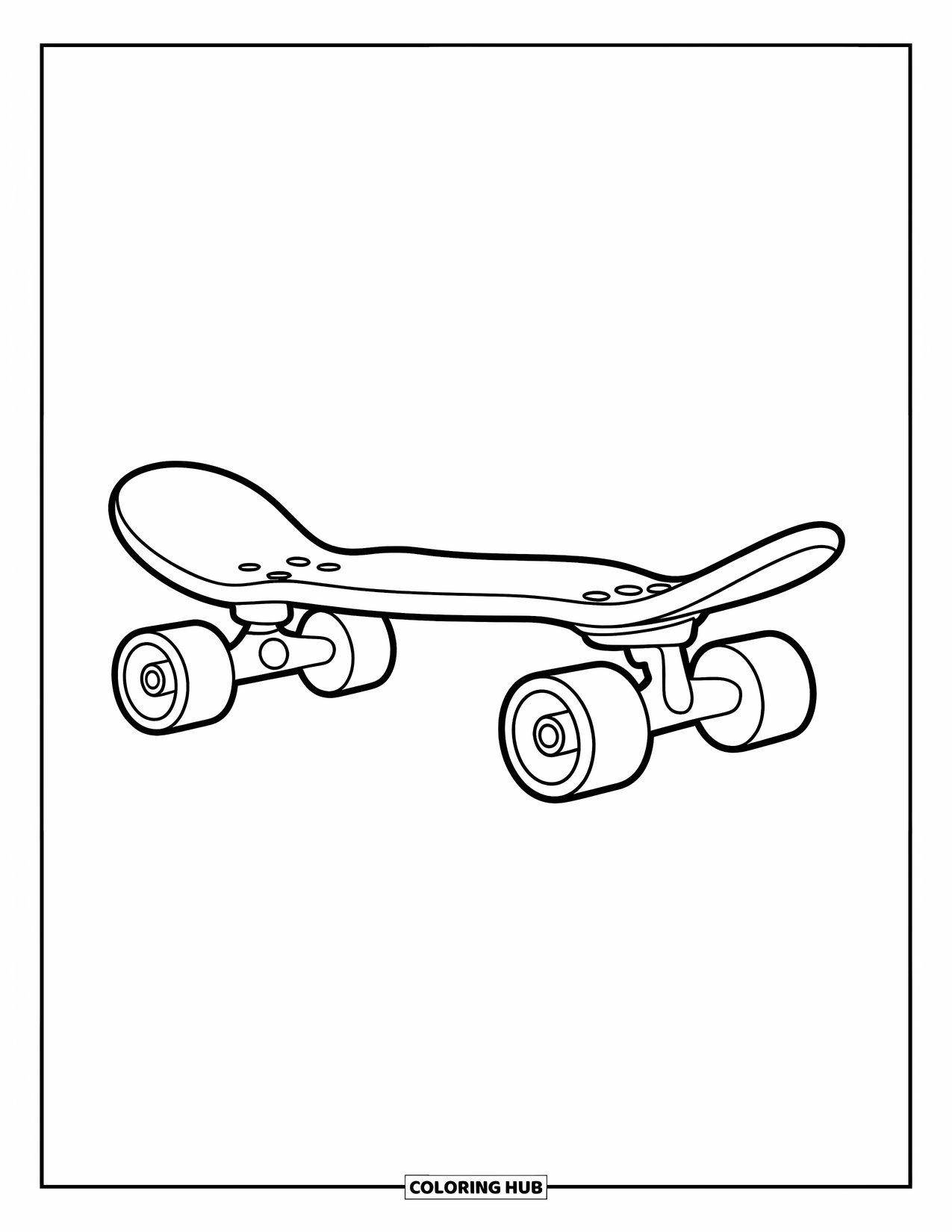 Skateboard Coloring Page for Kids: A skateboard with big wheels rests on the ground