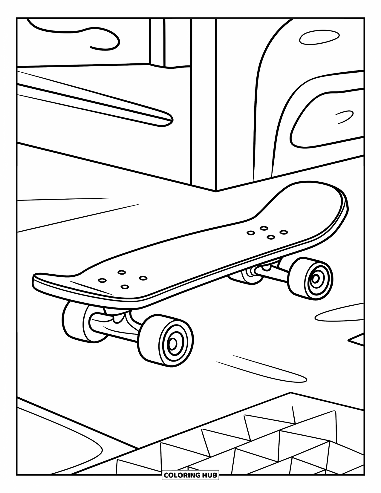 Skateboard Coloring Page for Kids: A skateboard with large wheels is placed on the ground