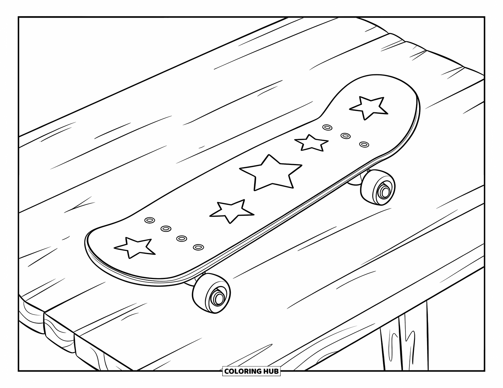 Skateboard Coloring Page for Kids: A skateboard with star stickers rests on a wooden surface