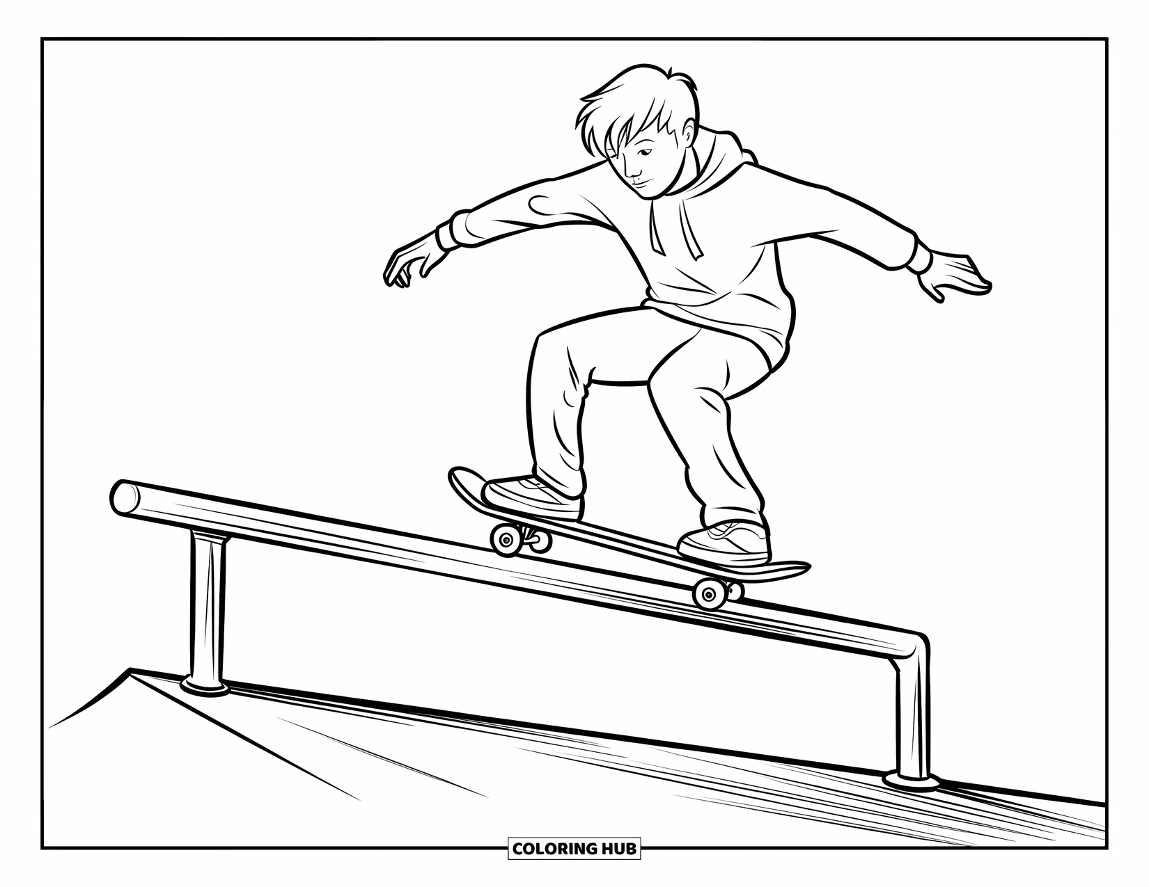 Skateboard Coloring Page for Kids: A teen boy grinds on a rail with his skateboard