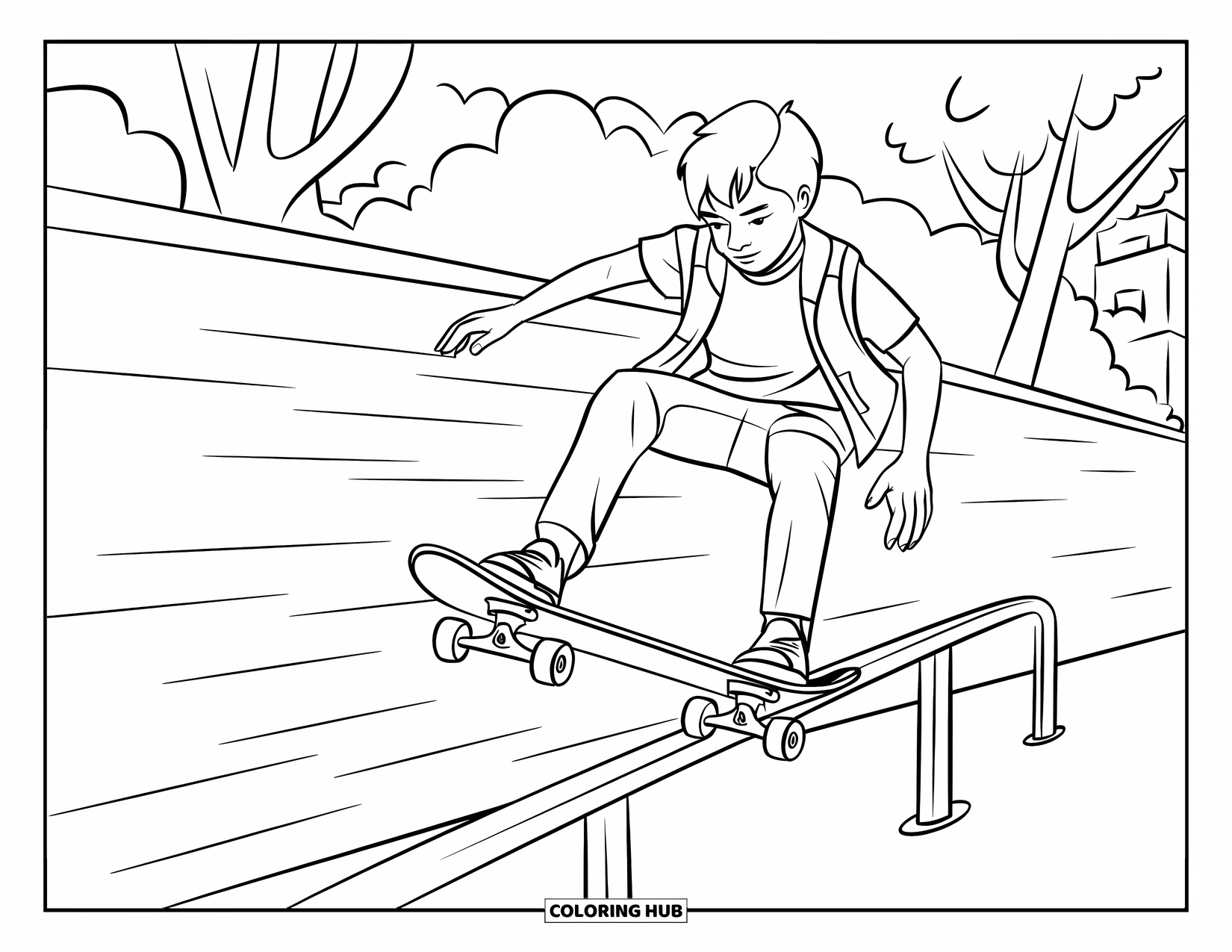 Skateboard Coloring Page for Kids: A teen boy skates on a rail near a brick wall and trees