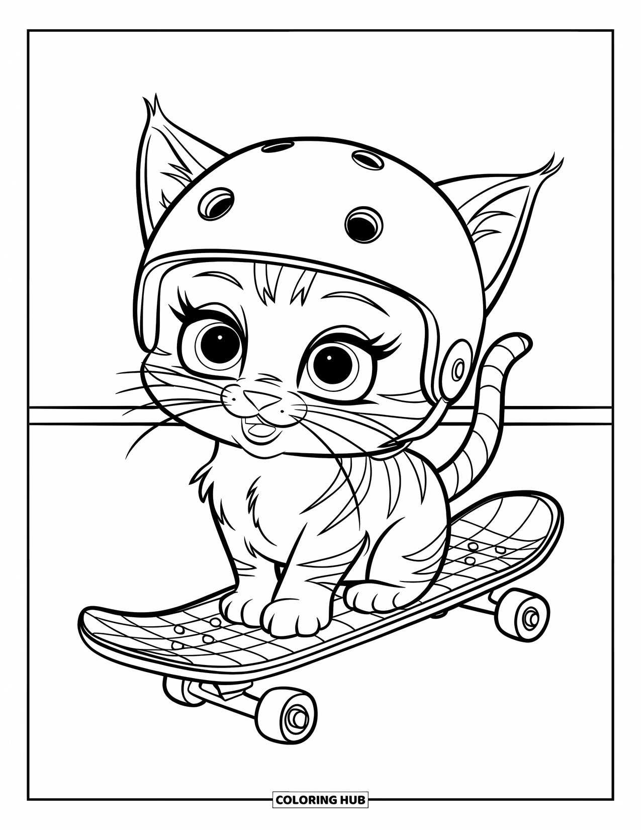 Skateboard Coloring Page for Kids: A wide-eyed kitten with a helmet sits on a checkered skateboard
