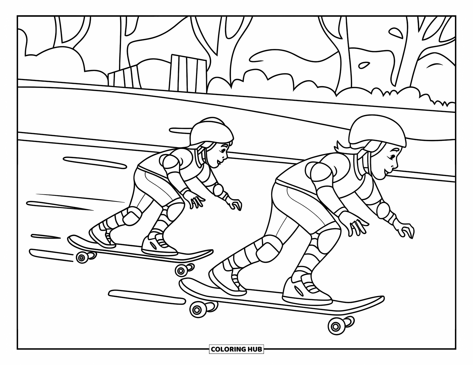 Skateboard Coloring Page for Kids: Two kids race on skateboards with motion lines behind them