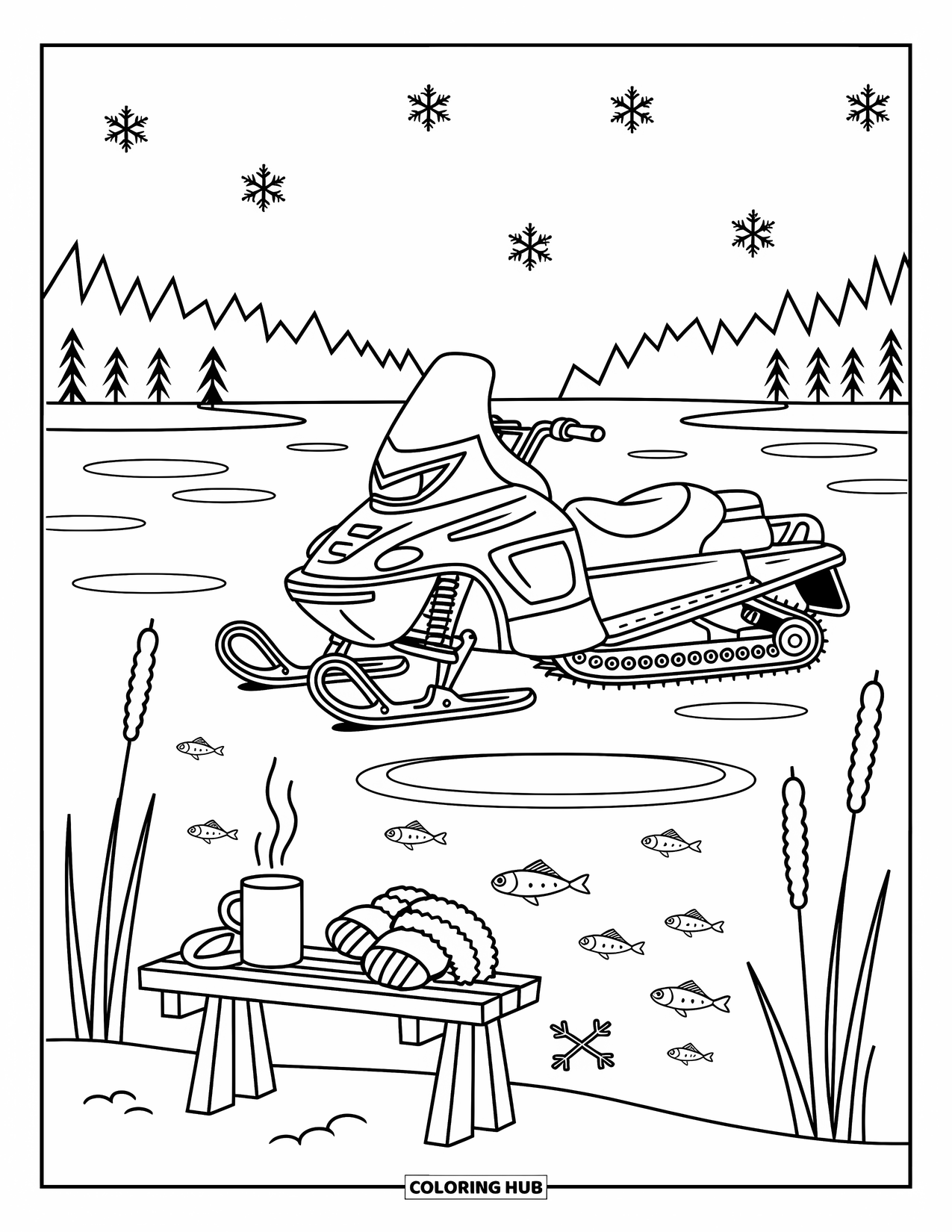 Snowmobile Coloring Page for Adults: A cozy snowmobile scene by a frozen lake features a bench, fishing holes, and cattails