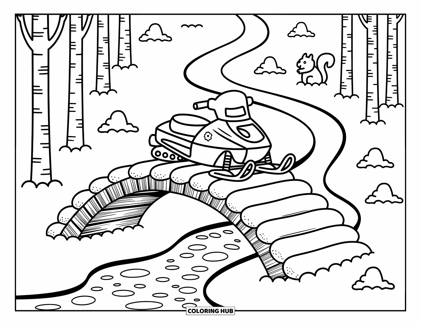 Snowmobile Coloring Page for Adults: A snowmobile crosses a wooden bridge with snow, trees, and a squirrel hiding nearby