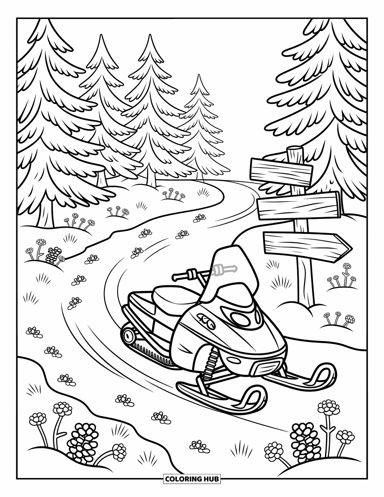 Snowmobile Coloring Page for Adults: A snowmobile drives through a snowy pine forest with critter prints and a trail marker