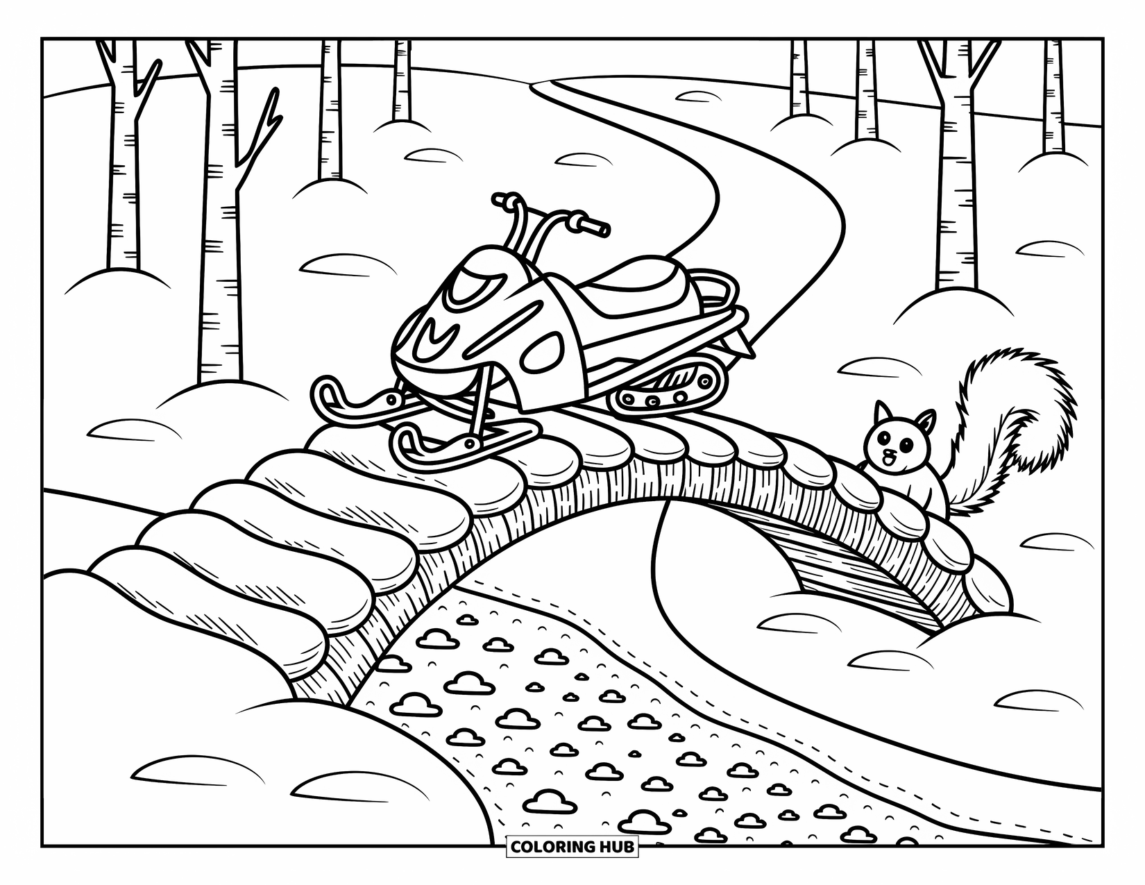 Snowmobile Coloring Page for Adults: A snowmobile glides across a snowy bridge as a squirrel peeks from behind a log