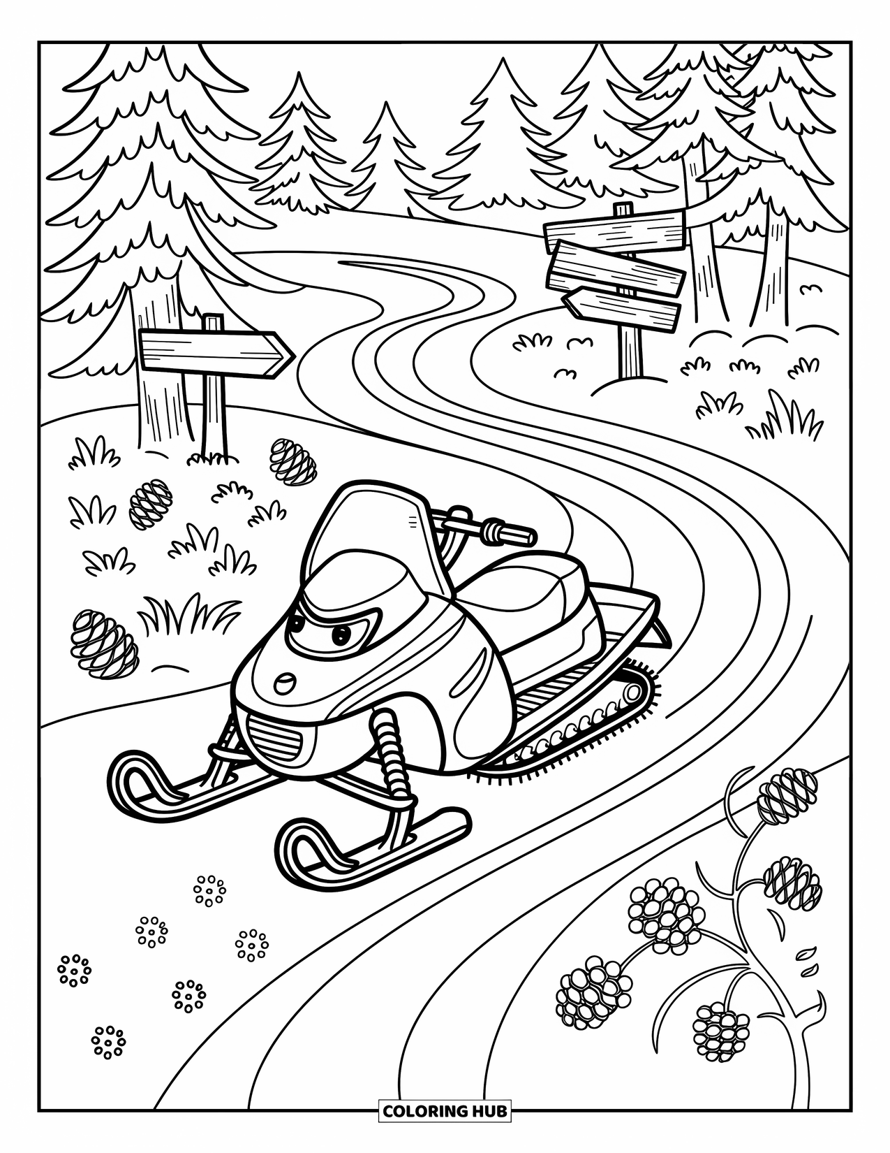 Snowmobile Coloring Page for Adults: A snowmobile glides through snowy woods past pinecones, footprints, and a wooden signpost