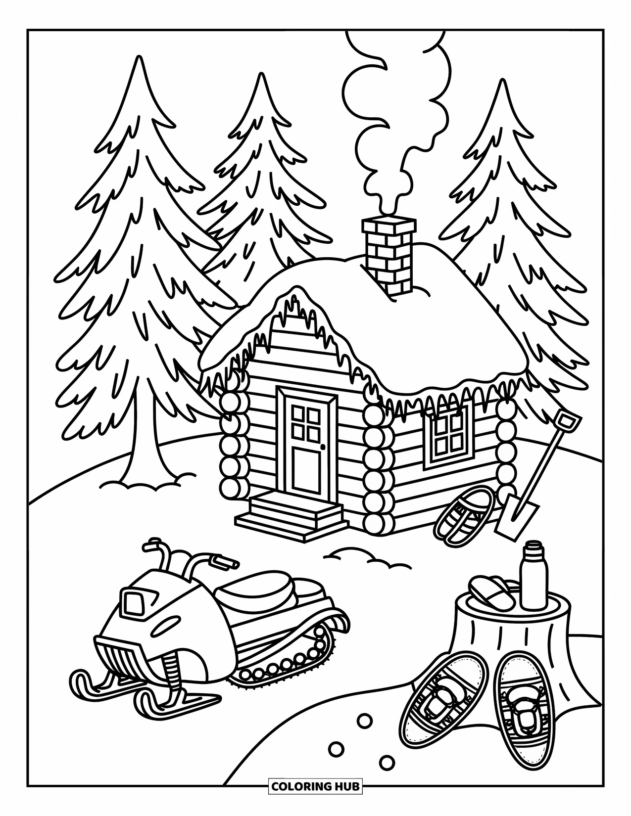 Snowmobile Coloring Page for Adults: A snowmobile rests beside a snowy cabin with pine trees, smoke, and winter details