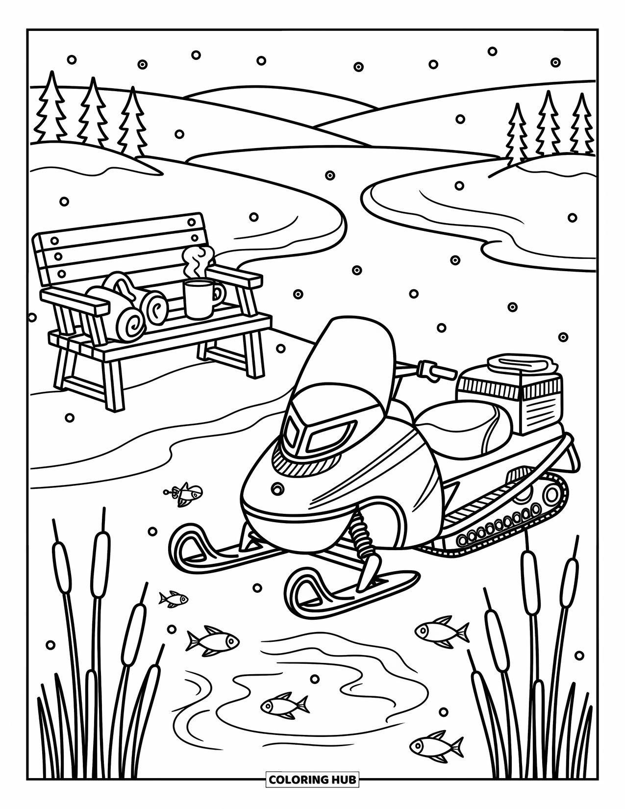 Snowmobile Coloring Page for Adults: A snowmobile rests by a frozen lake with a bench, hot drink, and fishing holes