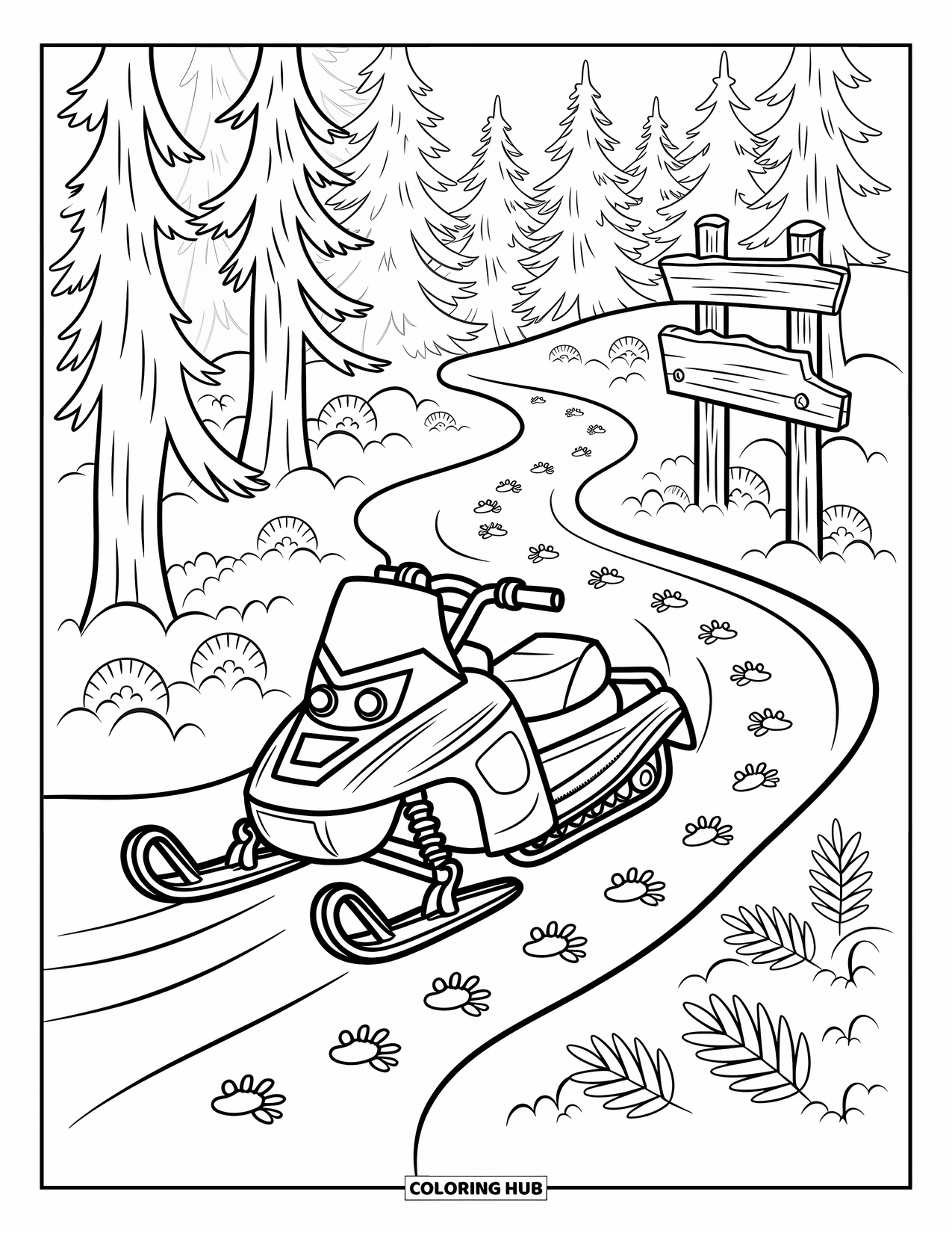 Snowmobile Coloring Page for Adults: A snowmobile rides through pine trees with critter prints, berries, and a wooden trail sign