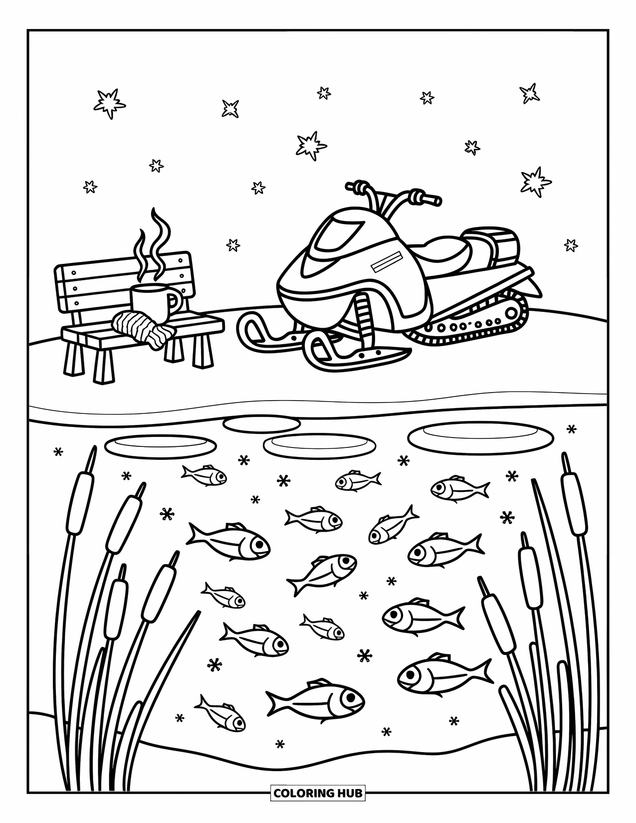 Snowmobile Coloring Page for Adults: A snowmobile sits near a lake with fishing holes, falling snow, and bundled winter gear