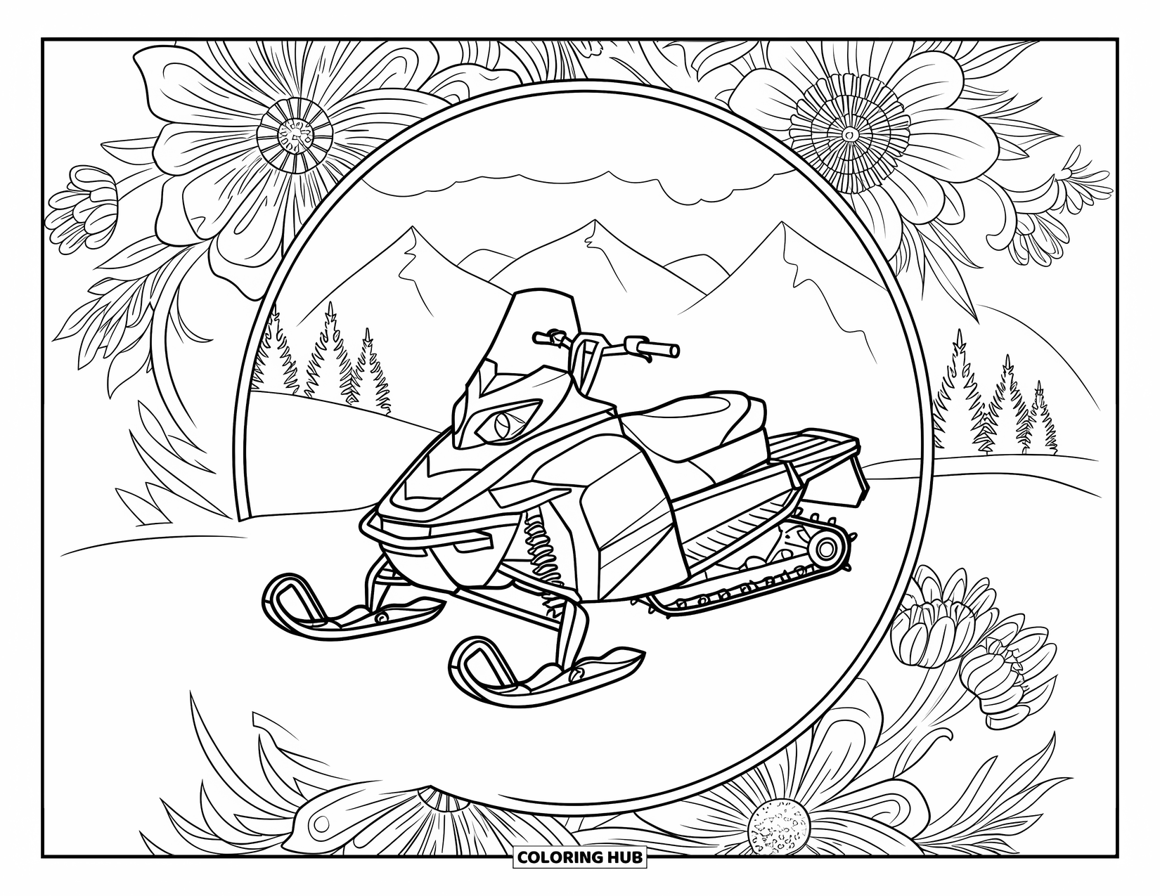 Snowmobile Coloring Page for Adults: Parked snowmobile framed by alpine flower mandalas and snowy mountain scenery