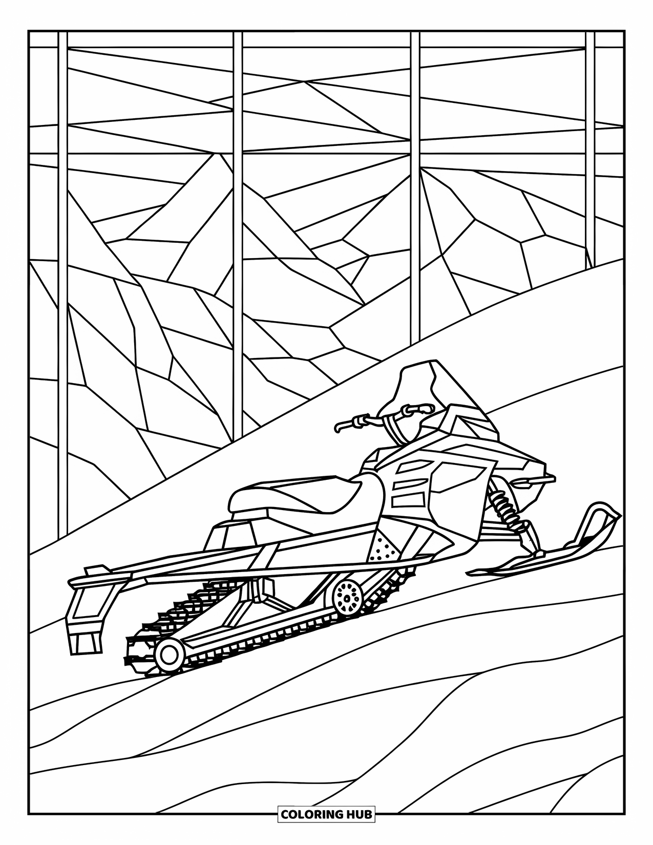 Snowmobile Coloring Page for Adults: Side-view snowmobile parked on a snowy mountain with stained glass mountain patterns behind