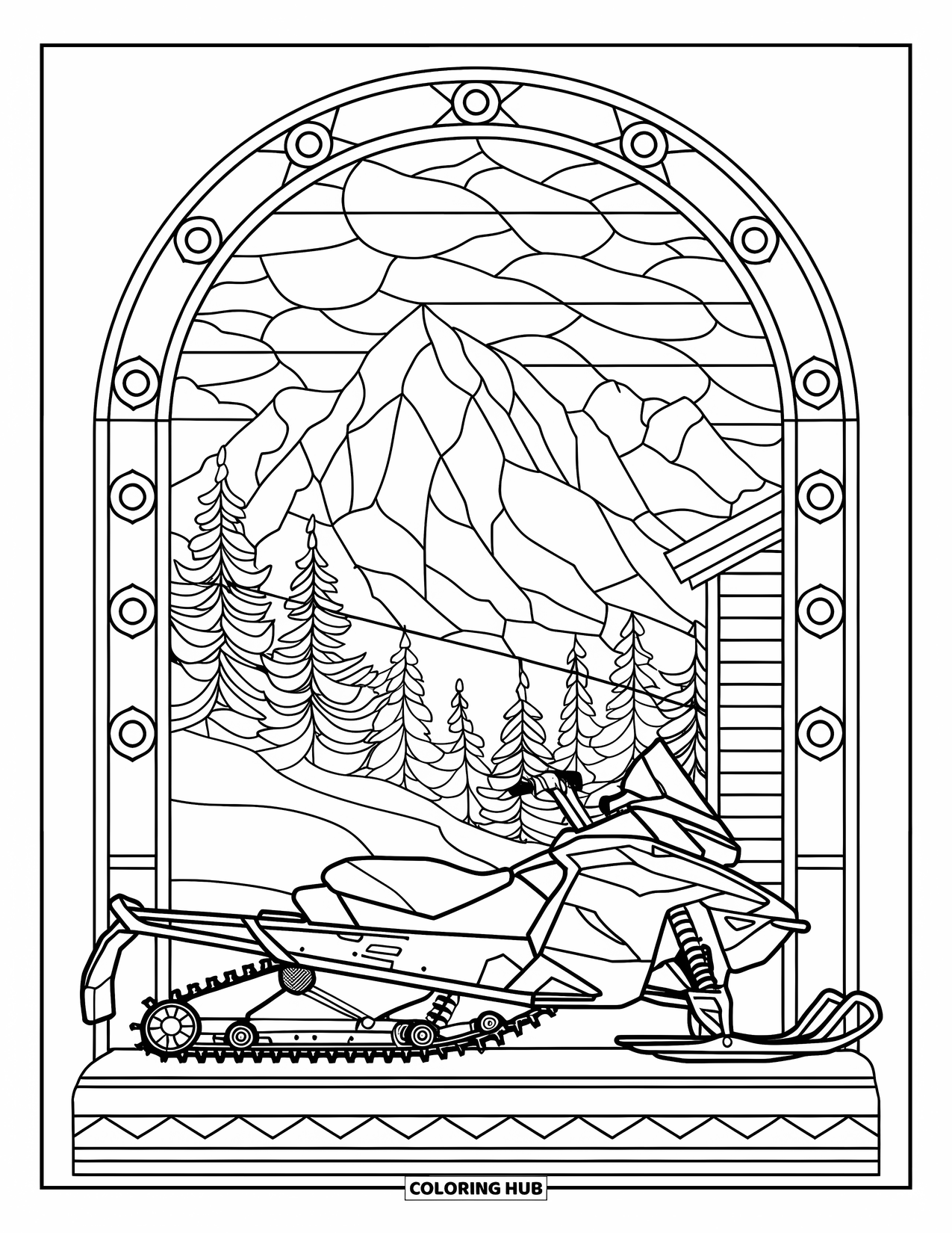 Snowmobile Coloring Page for Adults: Snowmobile beside a wooden structure with stained glass mountains and trees in the background