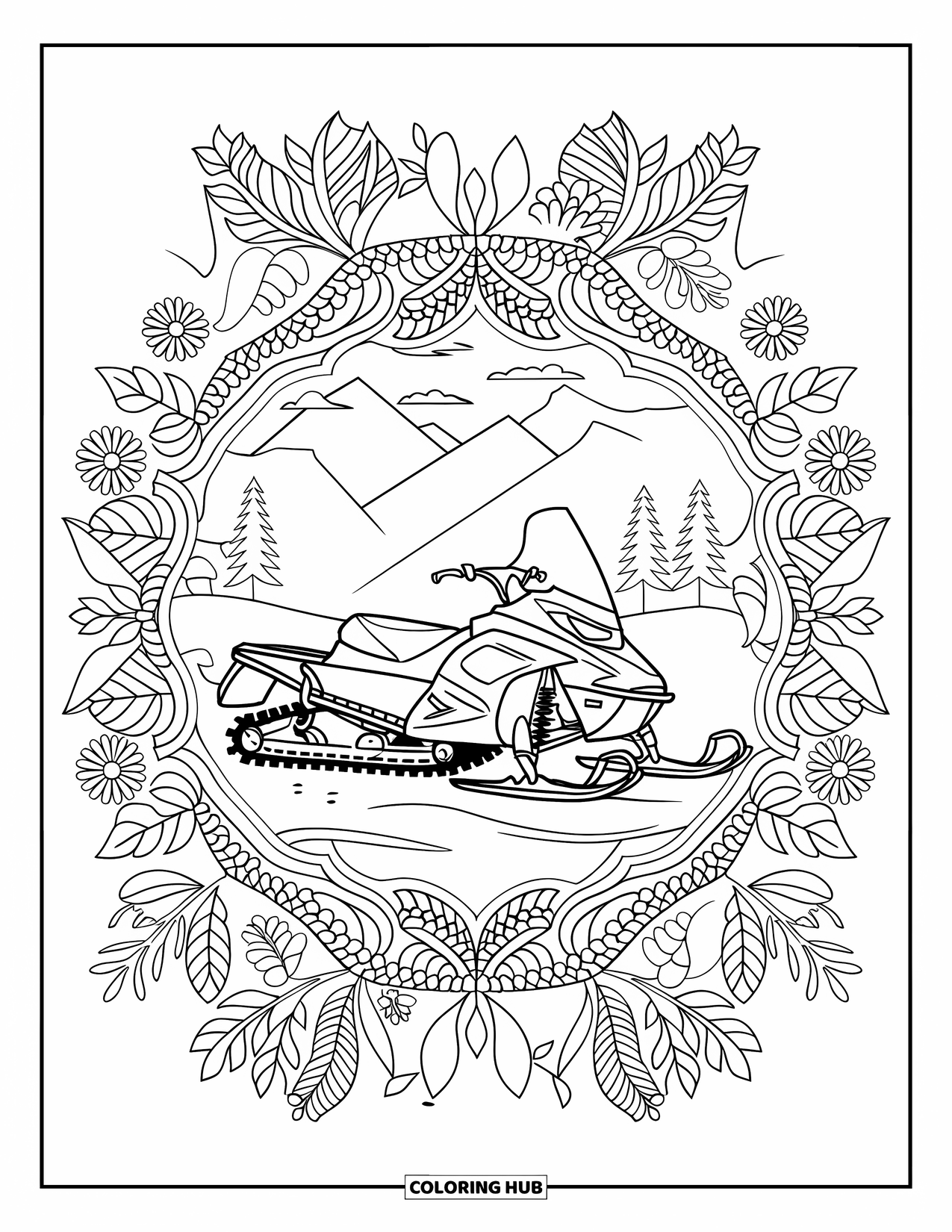 Snowmobile Coloring Page for Adults: Snowmobile centered in a botanical mandala with a scenic mountain and tree background