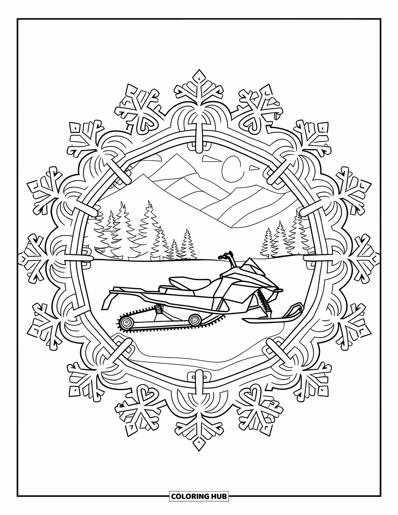 Snowmobile Coloring Page for Adults: Snowmobile framed by swirling snowflake designs and a winter landscape of trees and hills