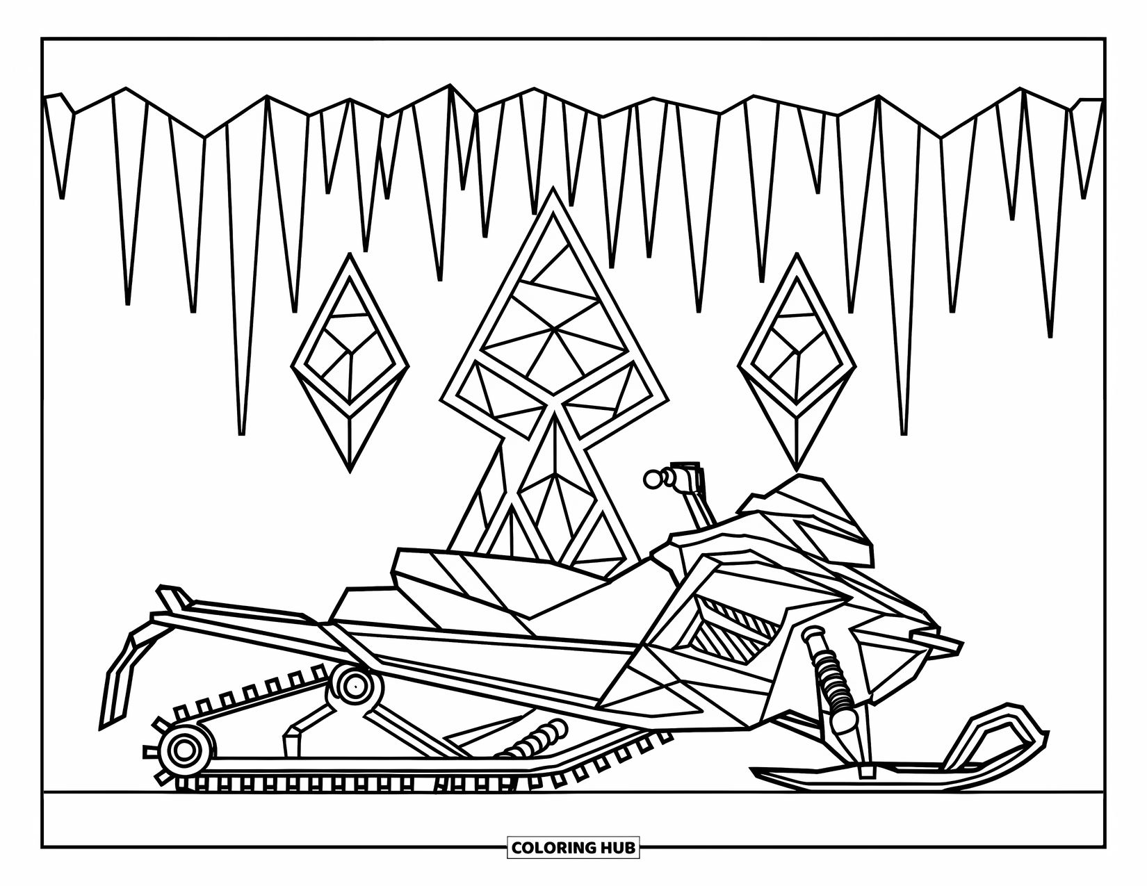 Snowmobile Coloring Page for Adults: Snowmobile in front of stained glass-style pine trees and curved, hanging icicles
