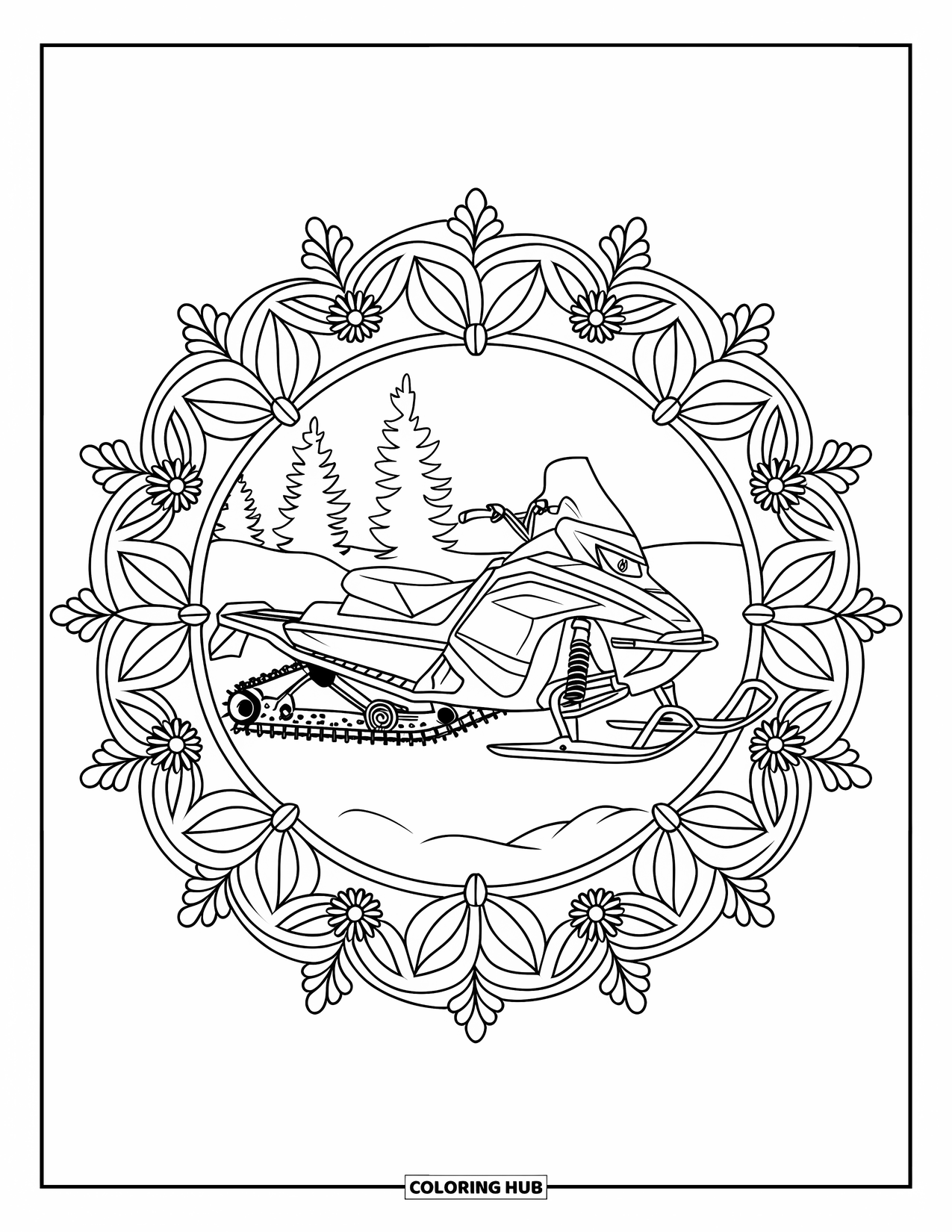 Snowmobile Coloring Page for Adults: Snowmobile in the snow framed by a full botanical mandala and a decorative border