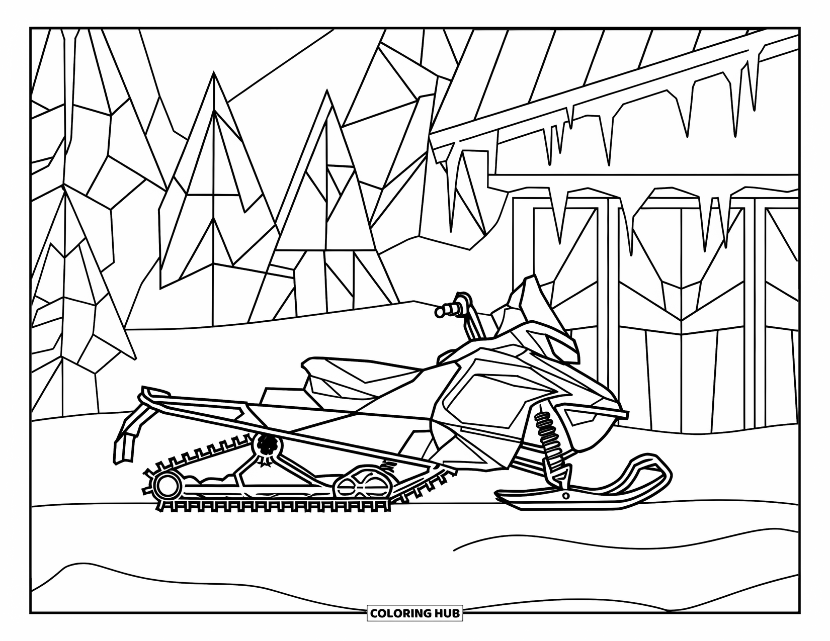 Snowmobile Coloring Page for Adults: Snowmobile near a wooden cabin, framed by stained glass pine trees and hanging icicles